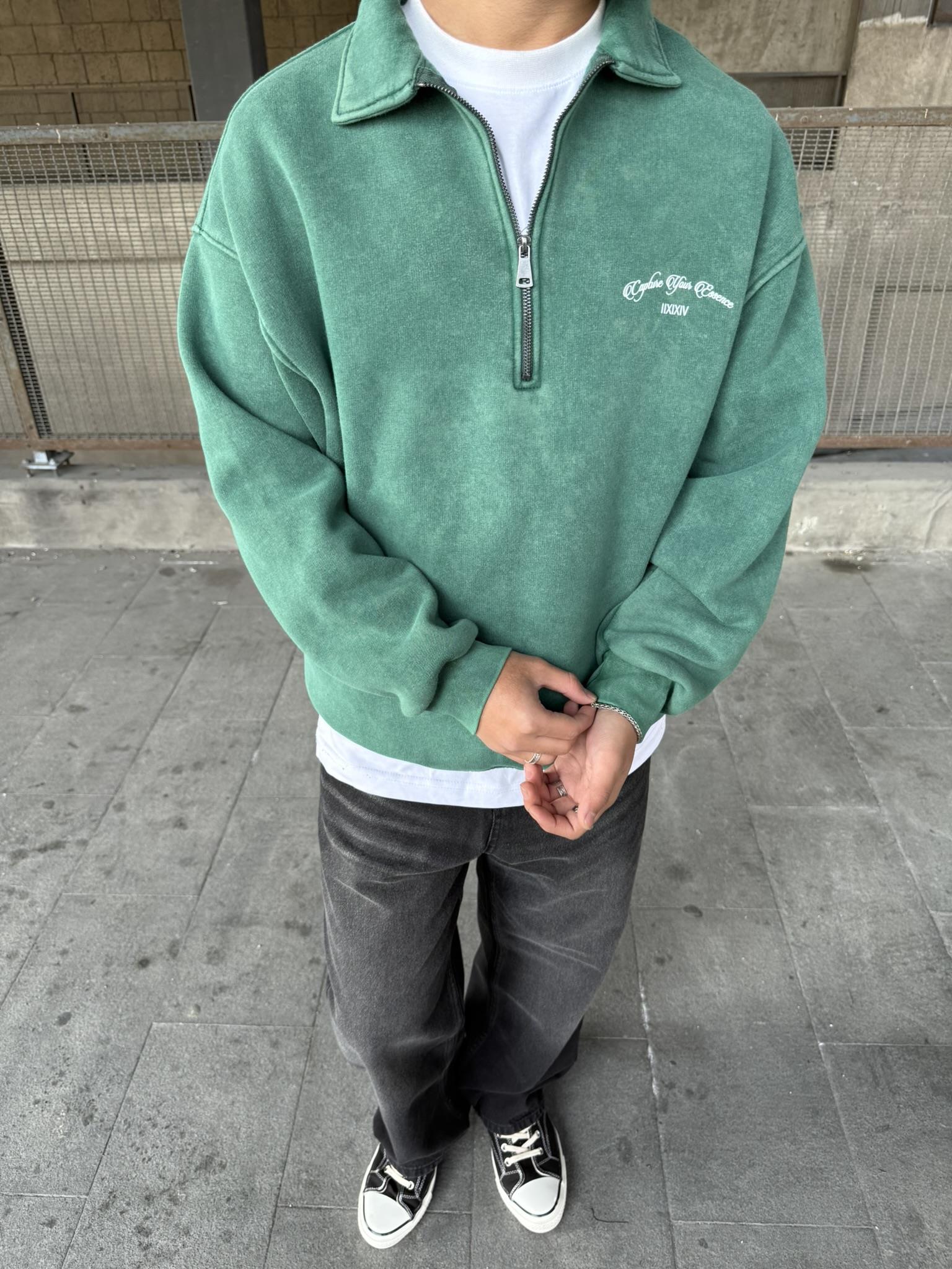 Oversize Yarım Fermuarlı Baskılı Yıkamalı Sweatshirt Çağla