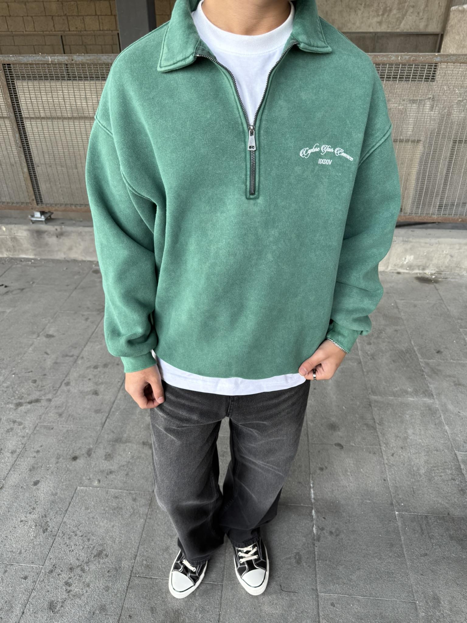 Oversize Yarım Fermuarlı Baskılı Yıkamalı Sweatshirt Çağla