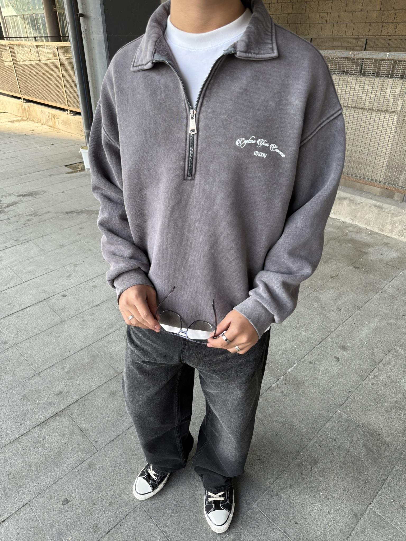 Oversize Yarım Fermuarlı Baskılı Yıkamalı Sweatshirt Kahverengi