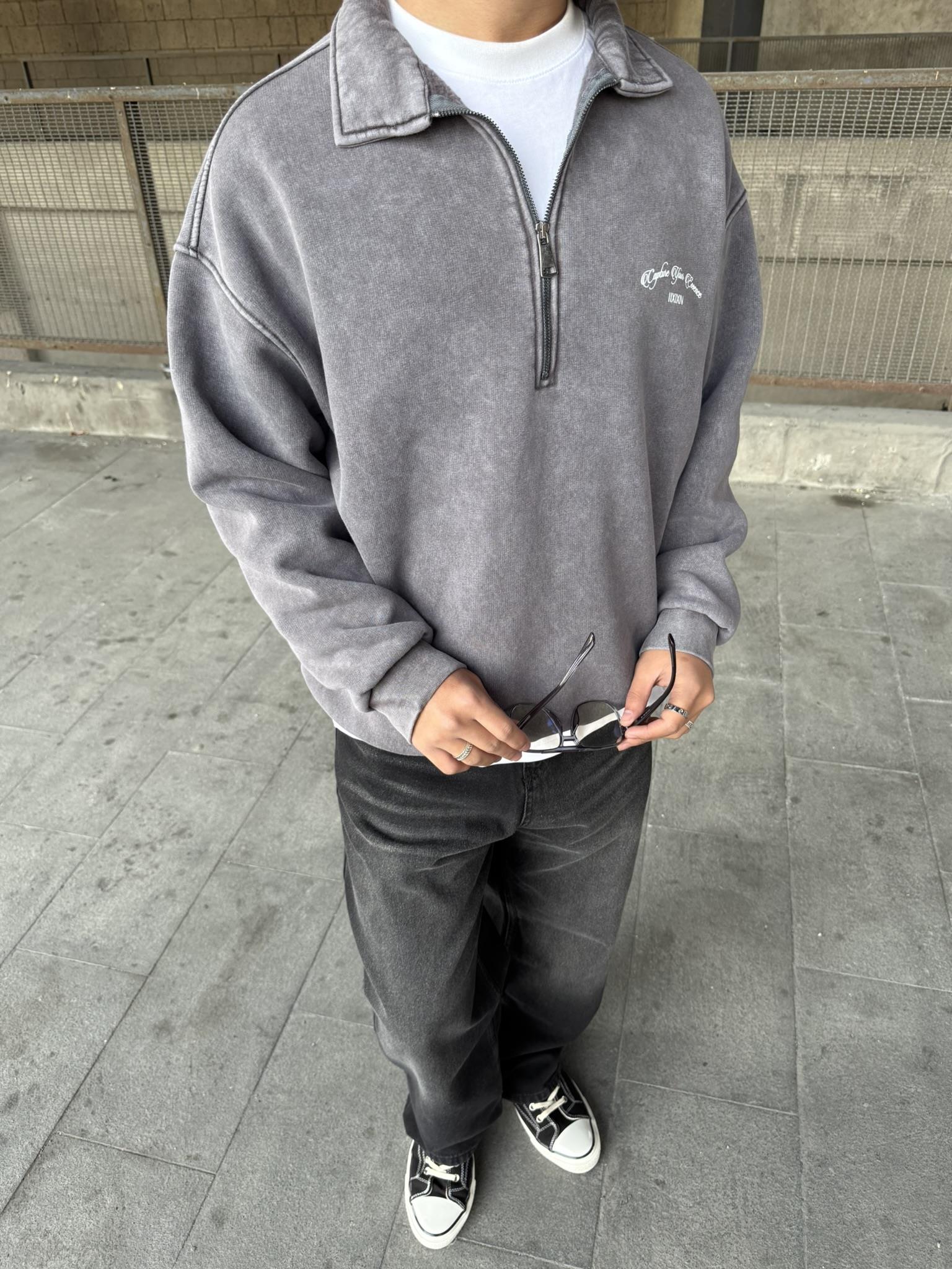Oversize Yarım Fermuarlı Baskılı Yıkamalı Sweatshirt Kahverengi