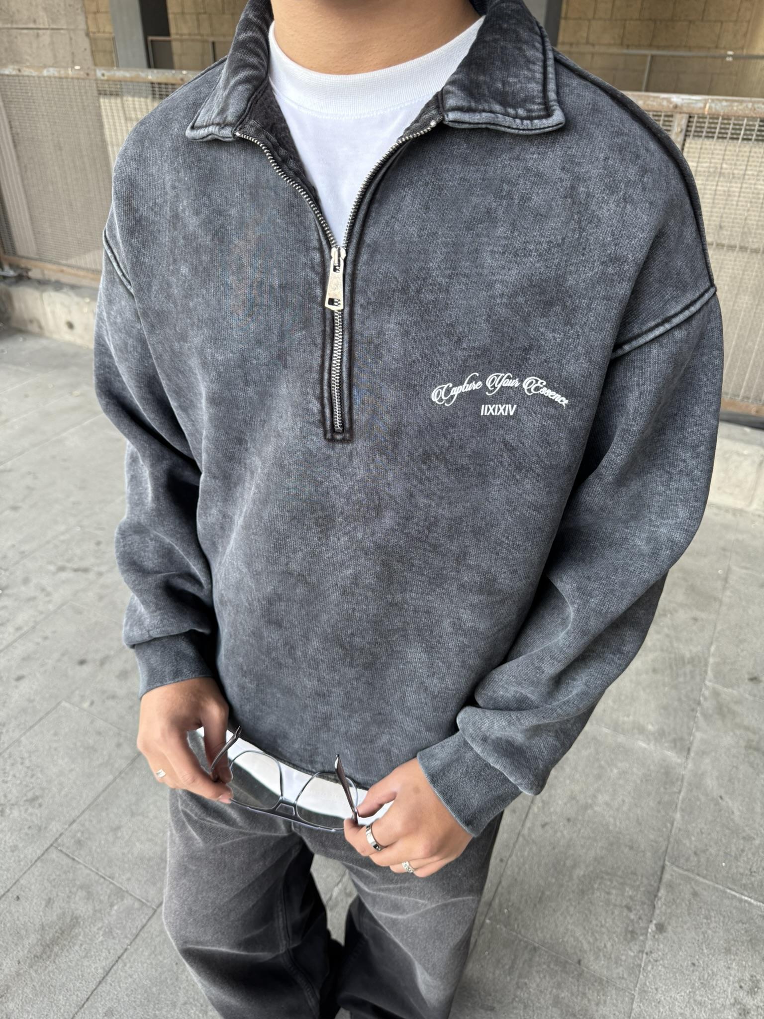 Oversize Yarım Fermuarlı Baskılı Yıkamalı Sweatshirt Antrasit