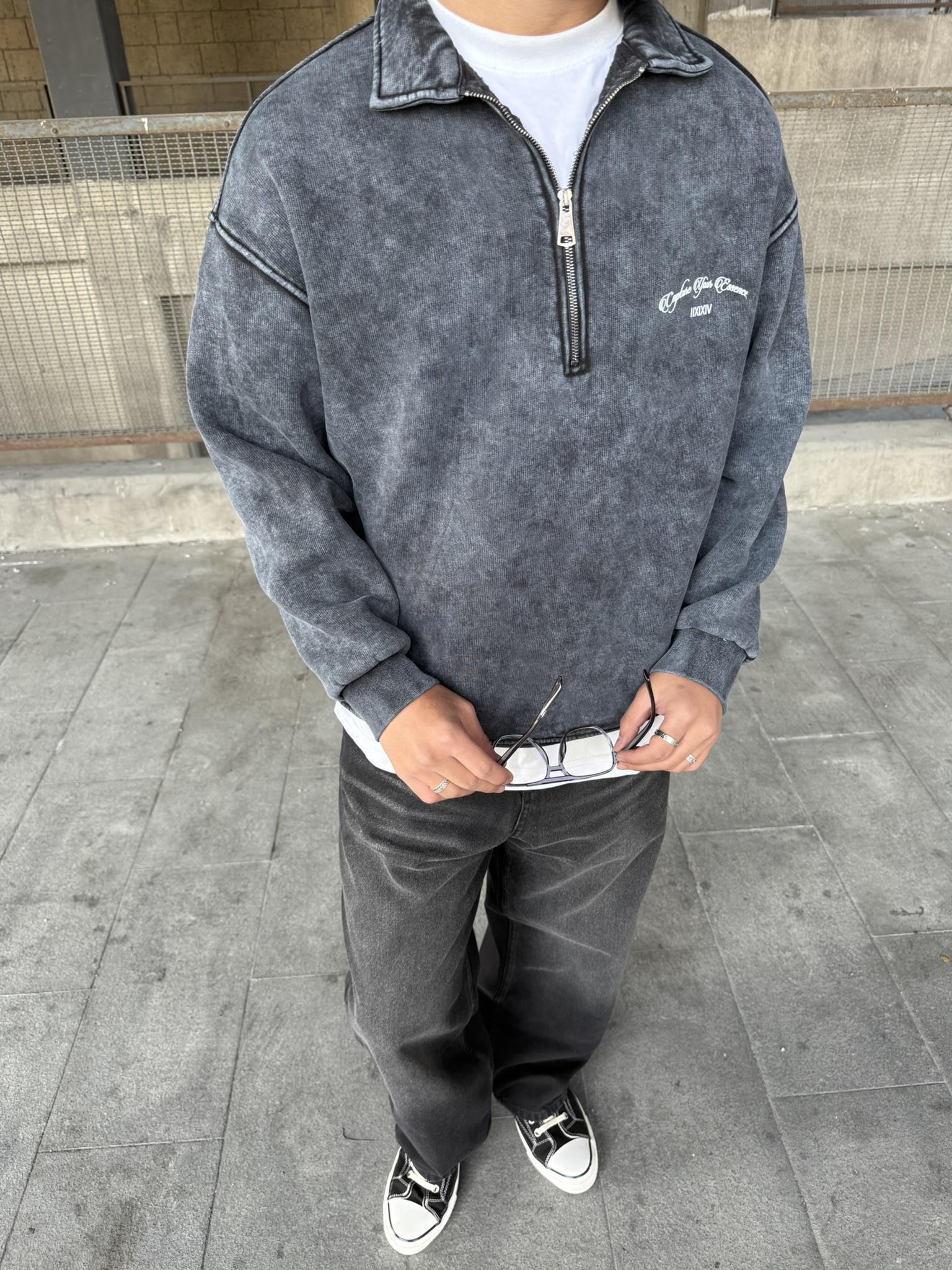 Oversize Yarım Fermuarlı Baskılı Yıkamalı Sweatshirt Antrasit