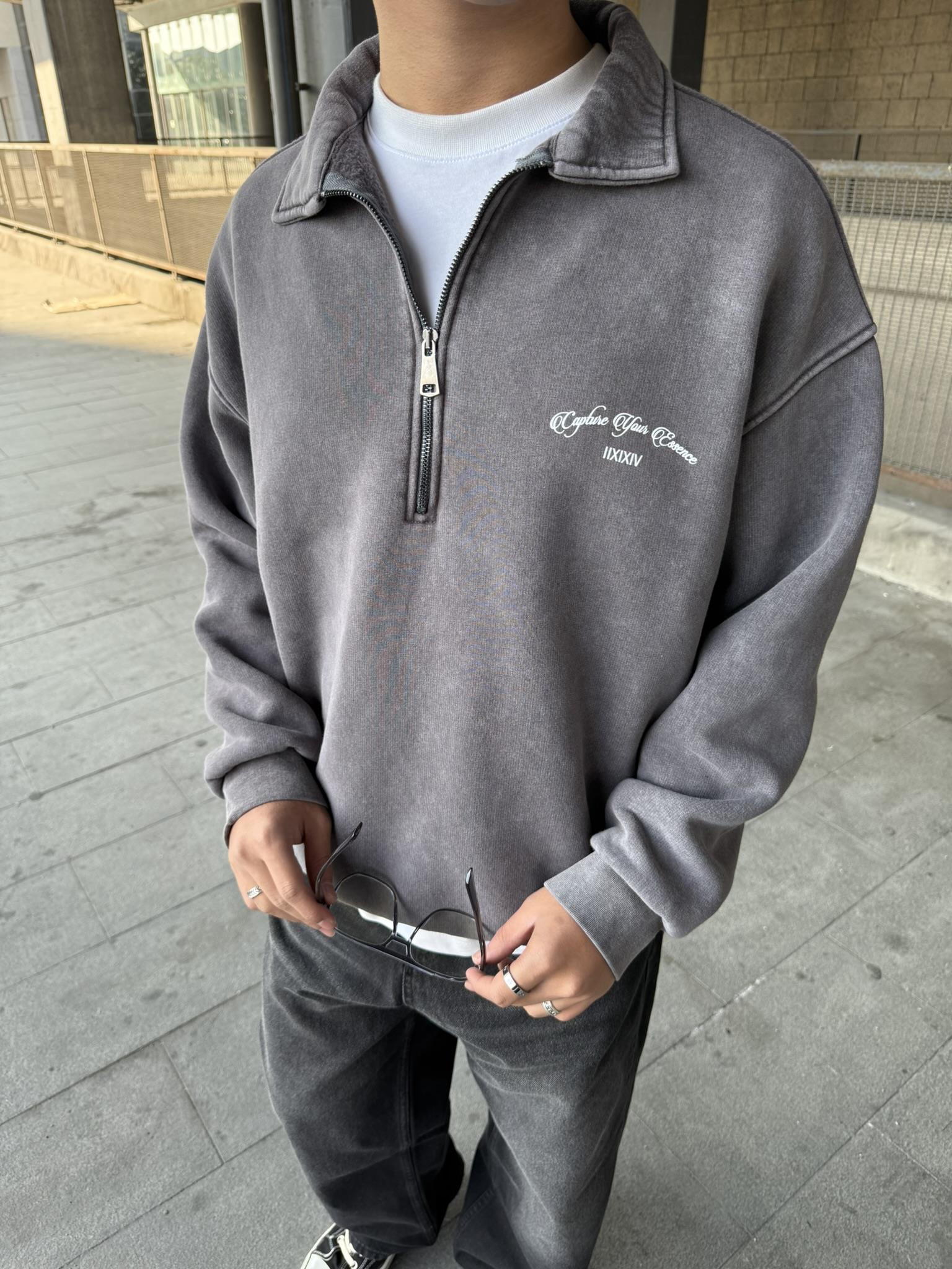 Oversize Yarım Fermuarlı Baskılı Yıkamalı Sweatshirt Kahverengi