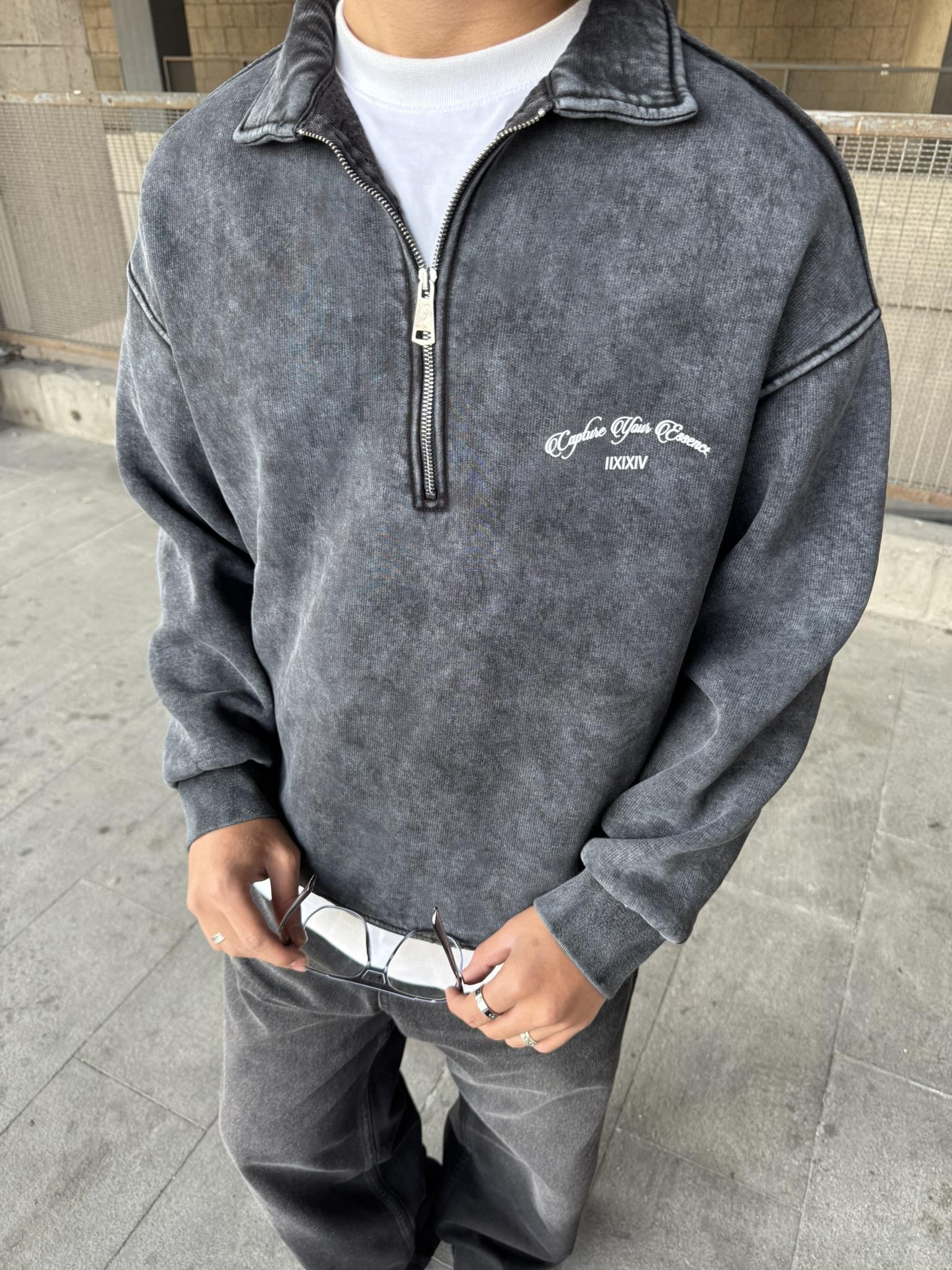 Oversize Yarım Fermuarlı Baskılı Yıkamalı Sweatshirt Antrasit