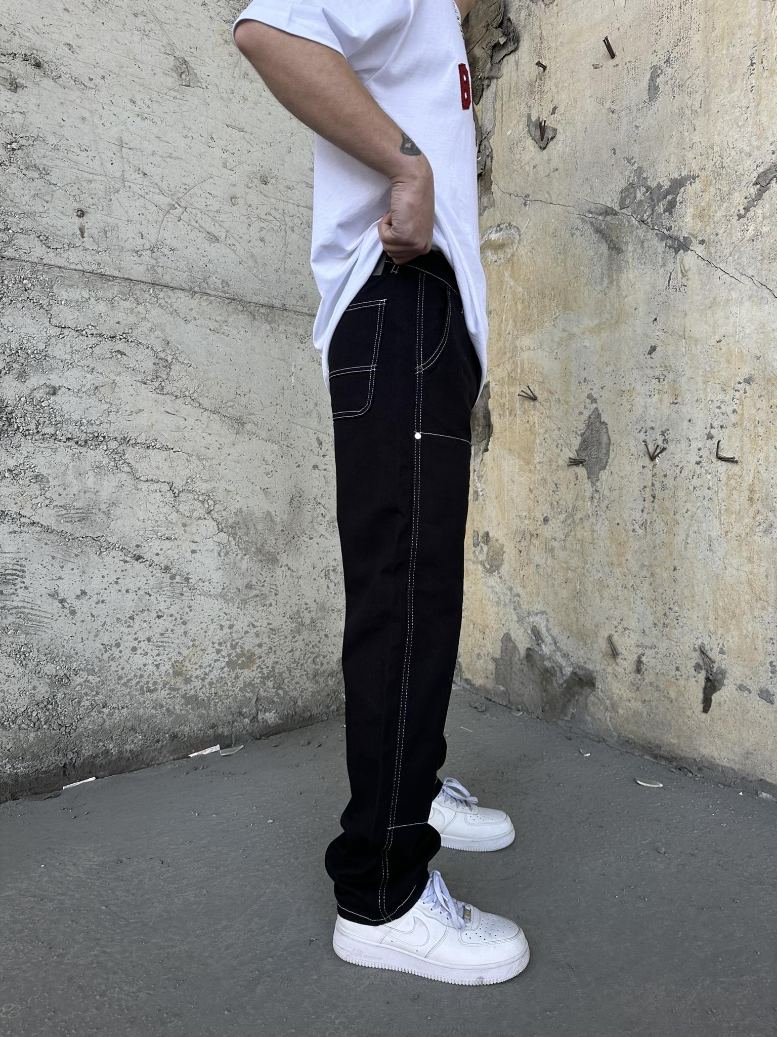 Patch Detaylı Kemerli Baggy Pantolon Siyah-Beyaz