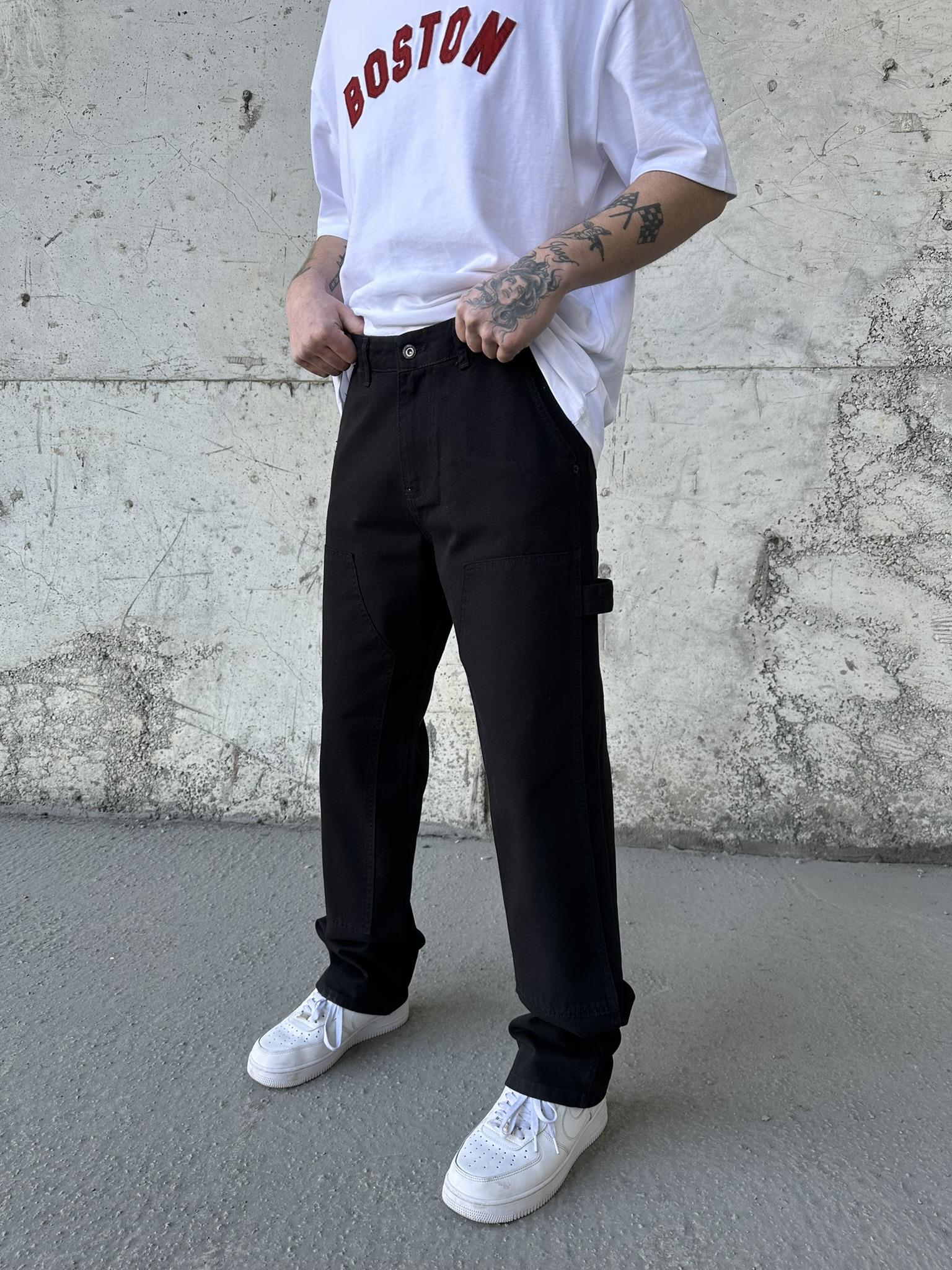 Patch Detaylı Kemerli Baggy Pantolon Siyah-Siyah