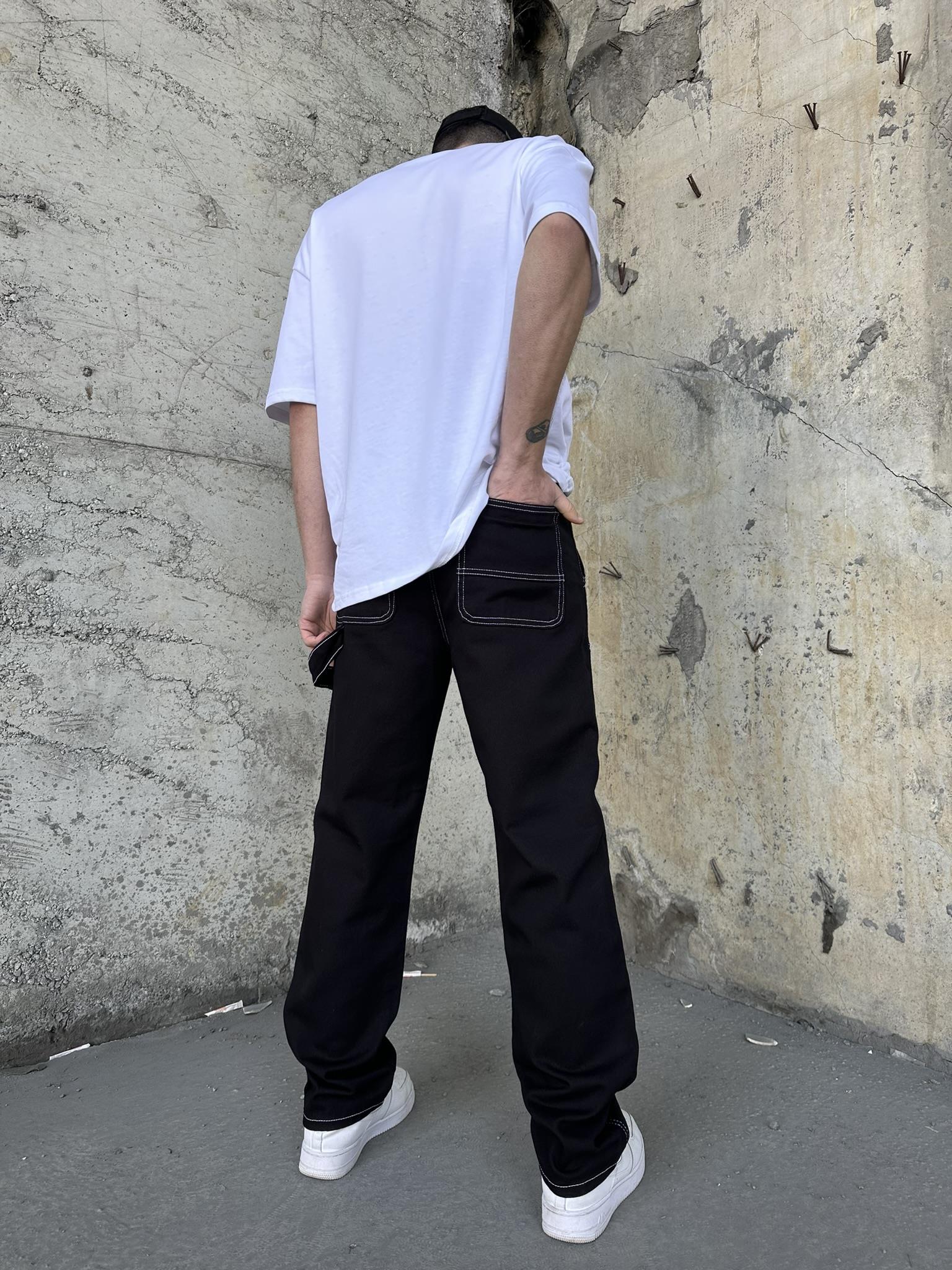 Patch Detaylı Kemerli Baggy Pantolon Siyah-Beyaz