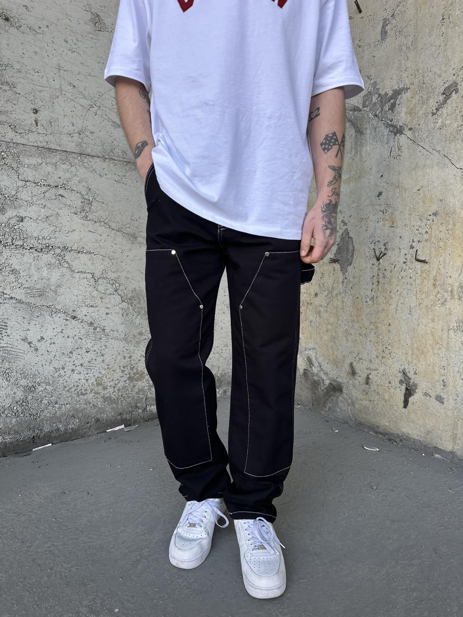 Patch Detaylı Kemerli Baggy Pantolon Siyah-Beyaz