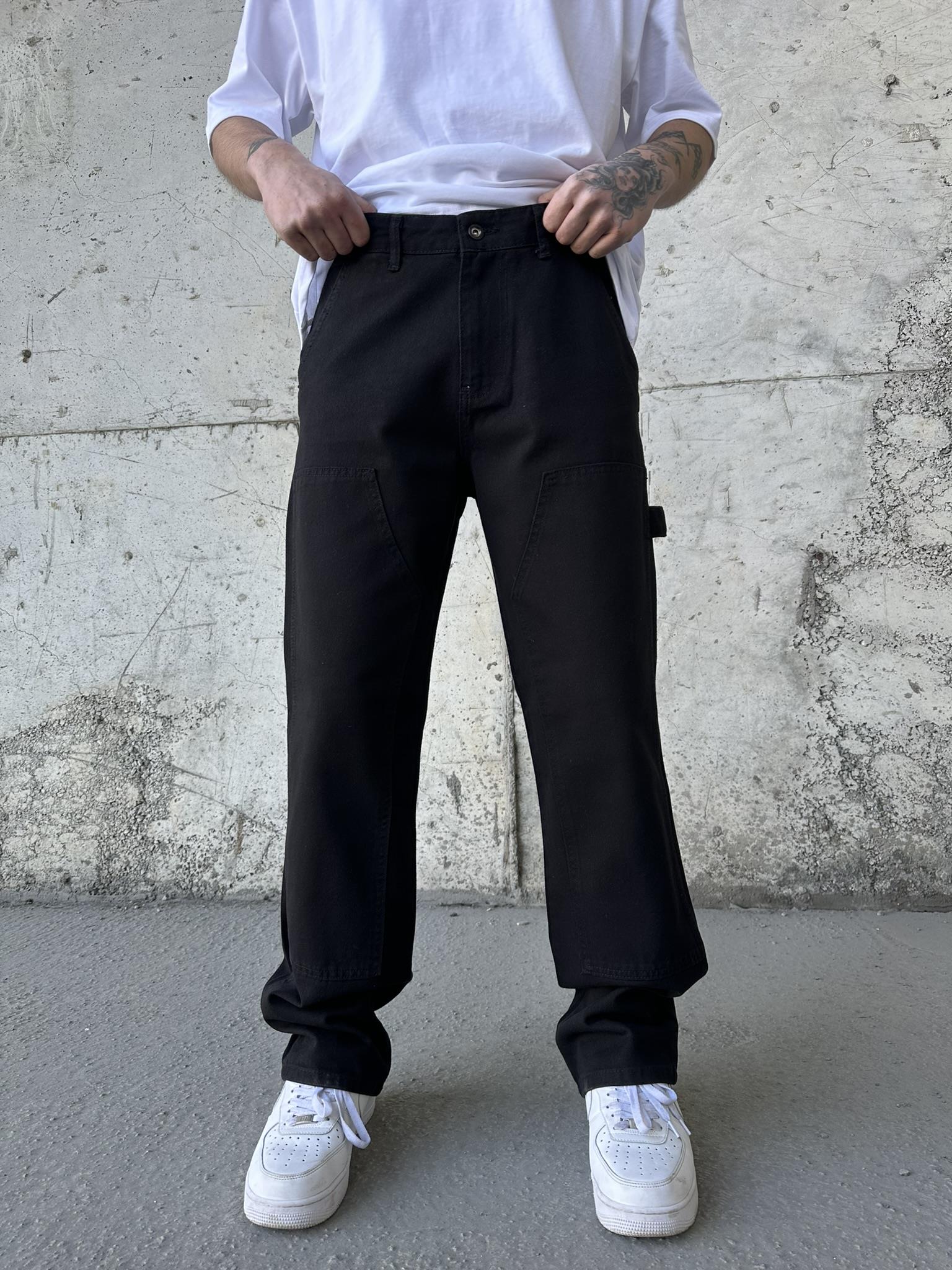 Patch Detaylı Kemerli Baggy Pantolon Siyah-Siyah