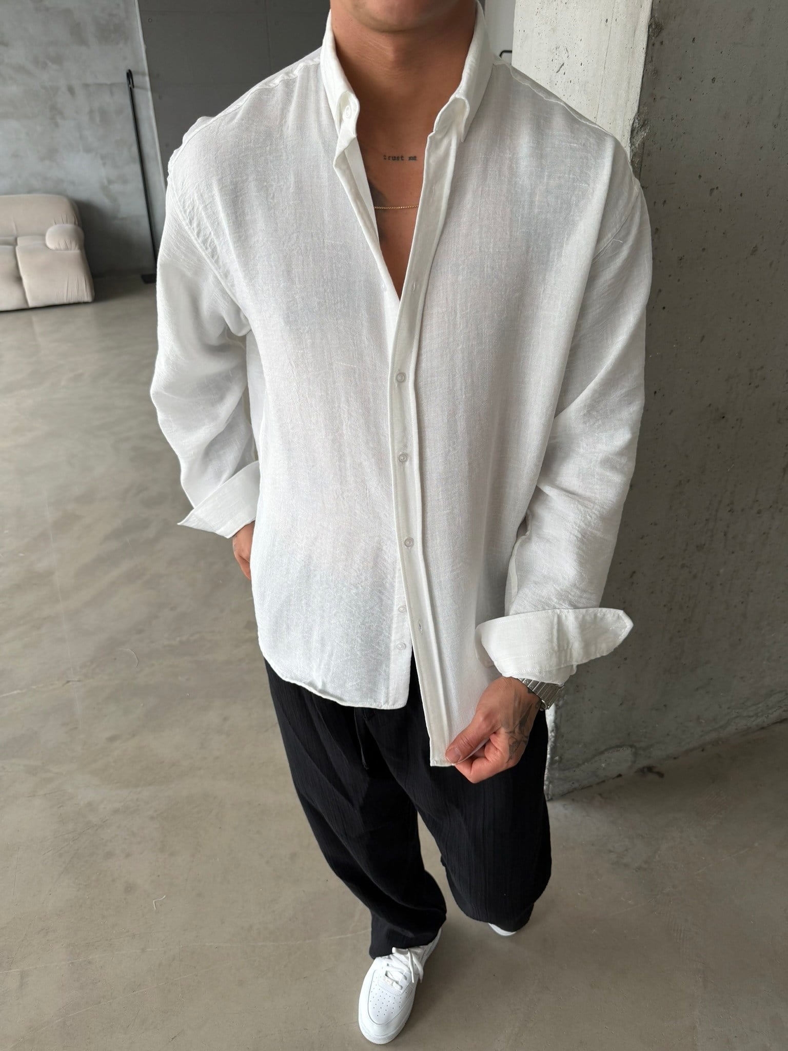 Pera Keten Basic Gömlek - Beyaz