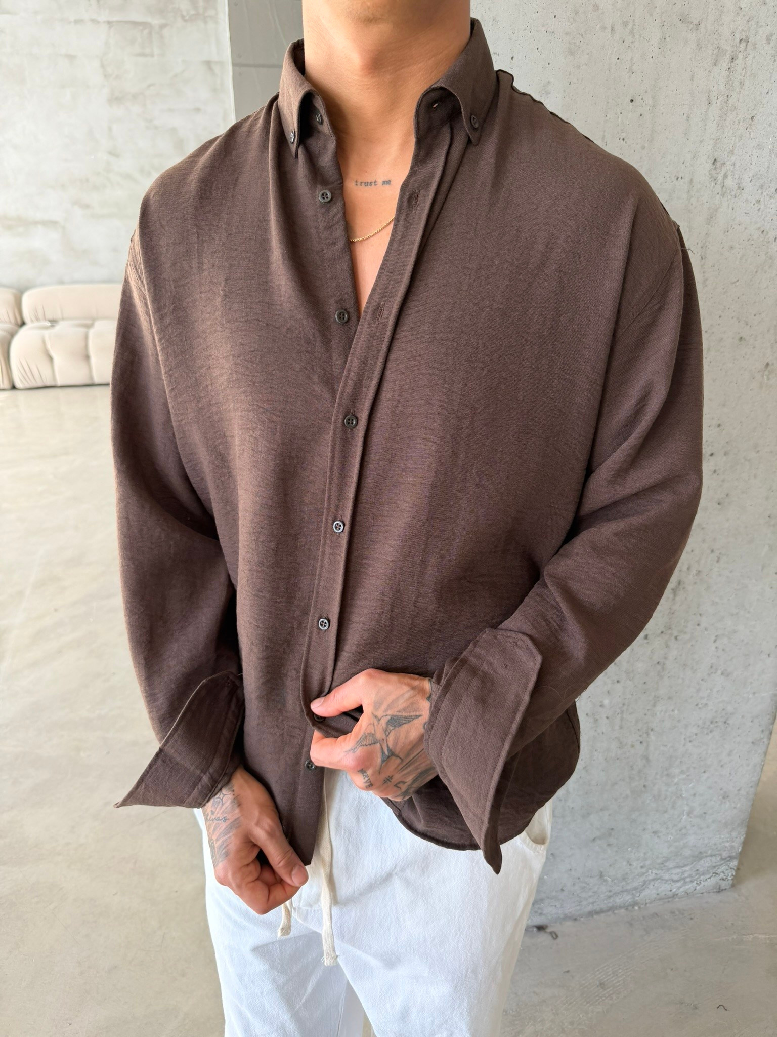 Pera Keten Basic Gömlek - Kahve