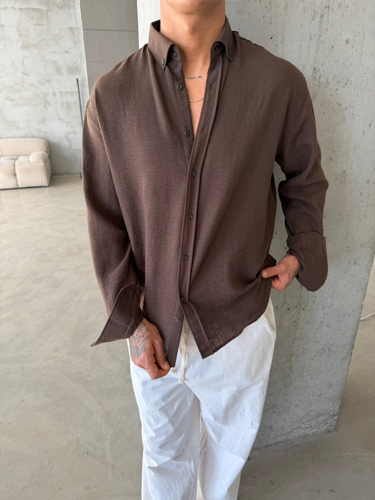 Pera Keten Basic Gömlek - Kahve