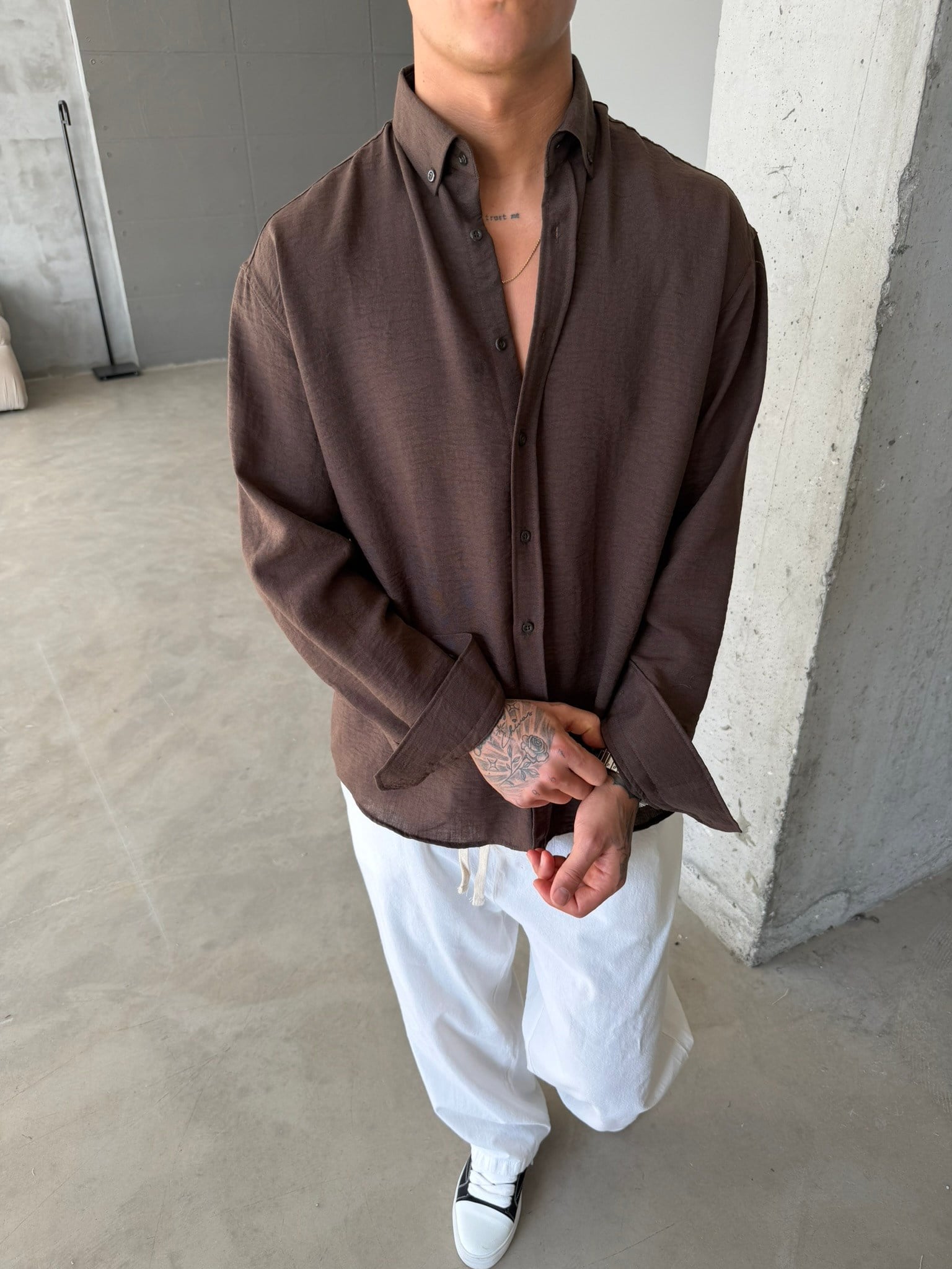 Pera Keten Basic Gömlek - Kahve