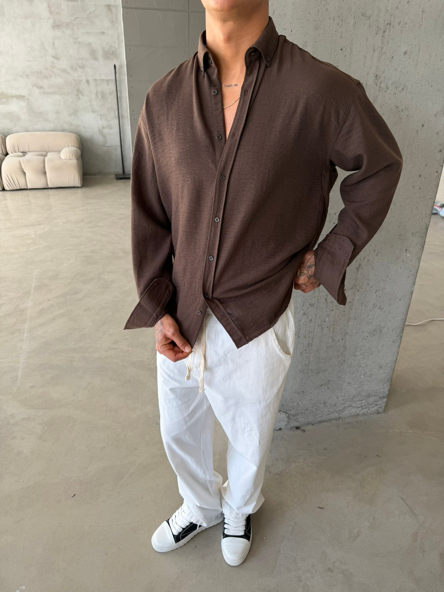 Pera Keten Basic Gömlek - Kahve