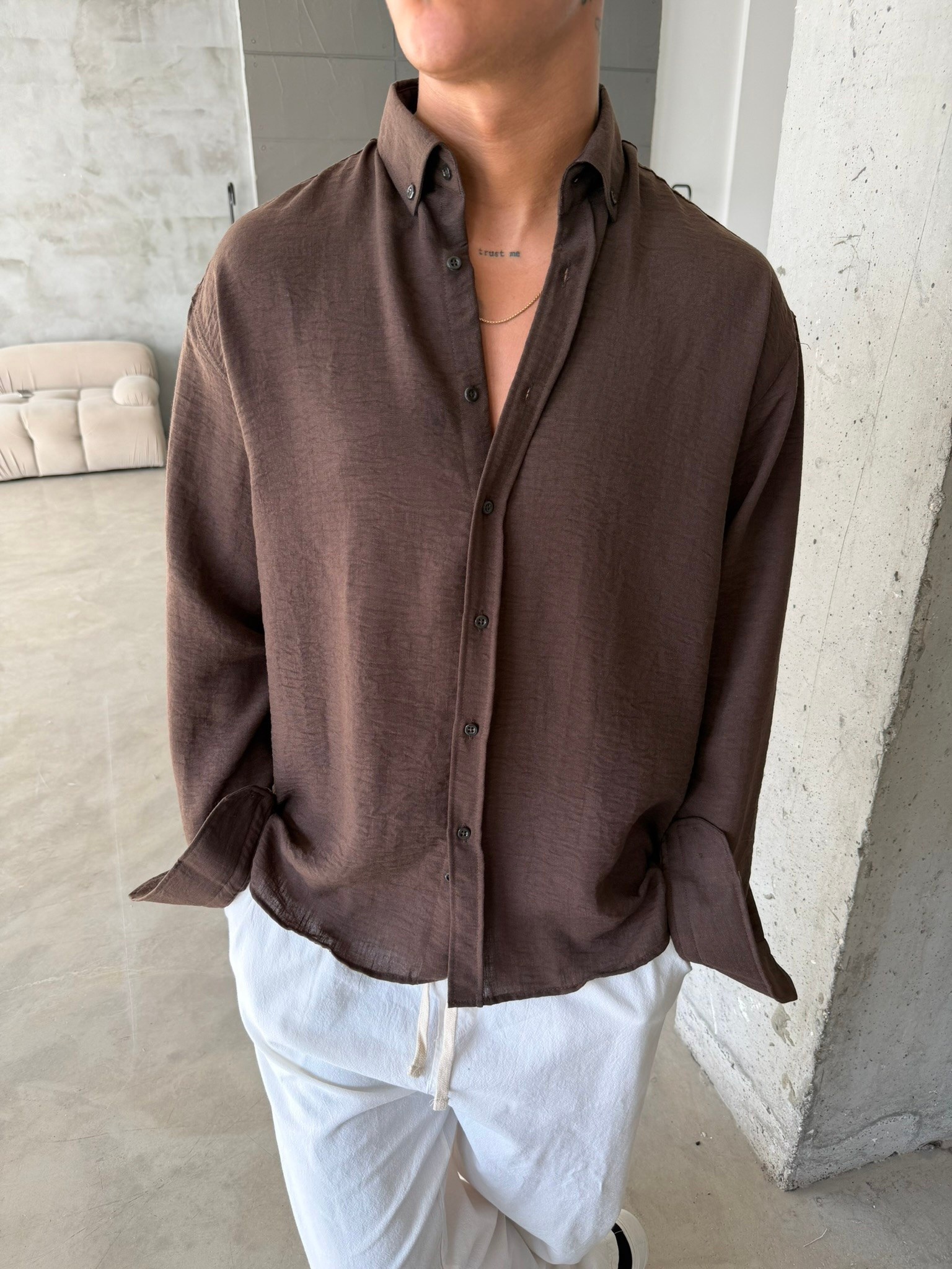 Pera Keten Basic Gömlek - Kahve