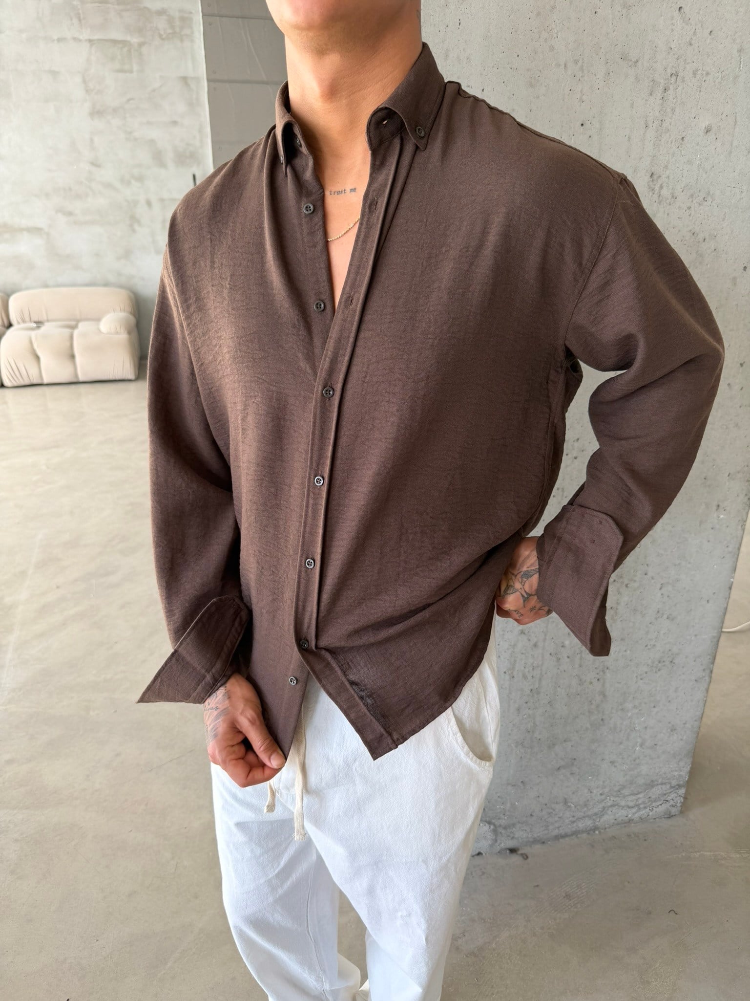 Pera Keten Basic Gömlek - Kahve