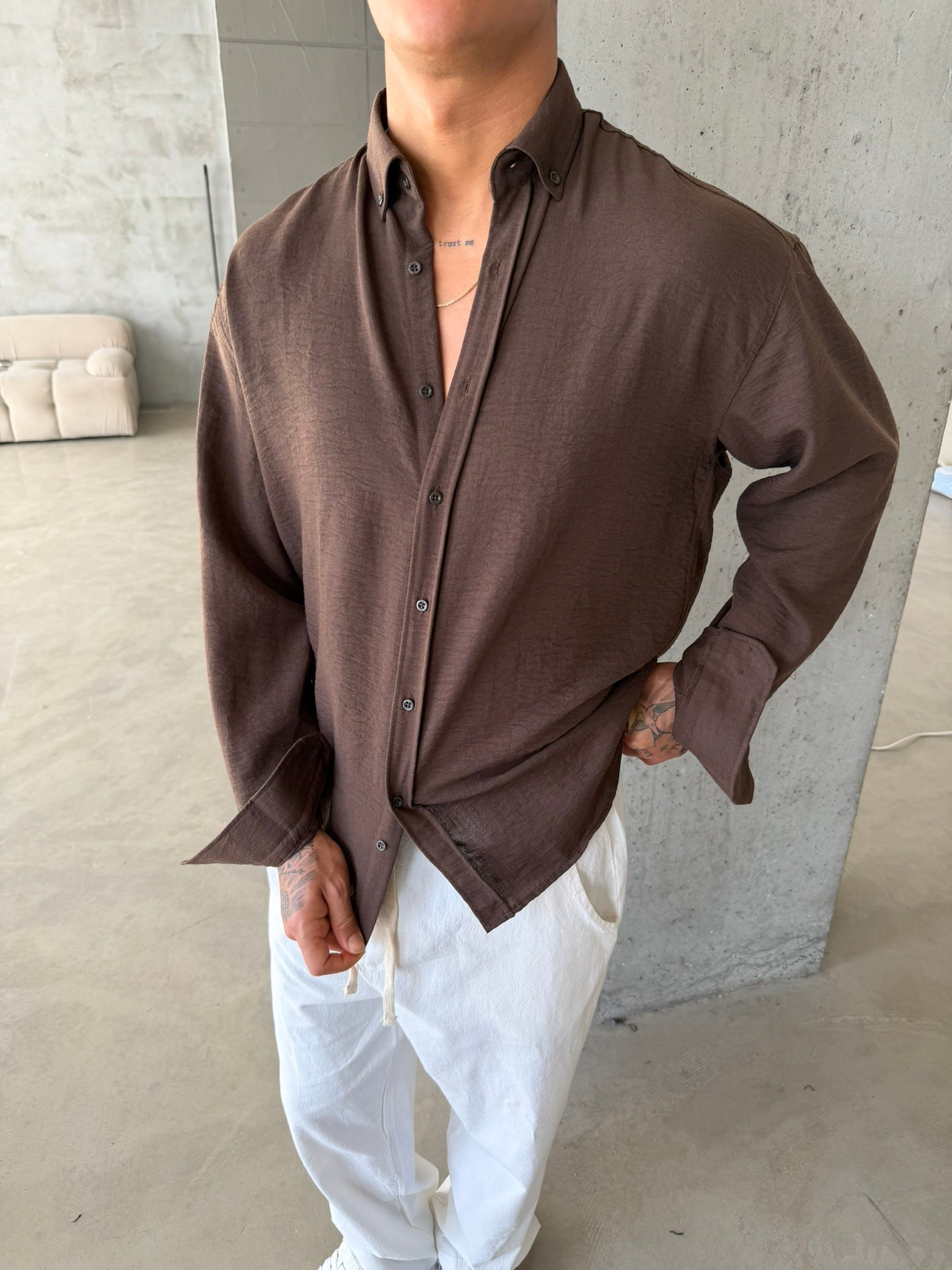 Pera Keten Basic Gömlek - Kahve