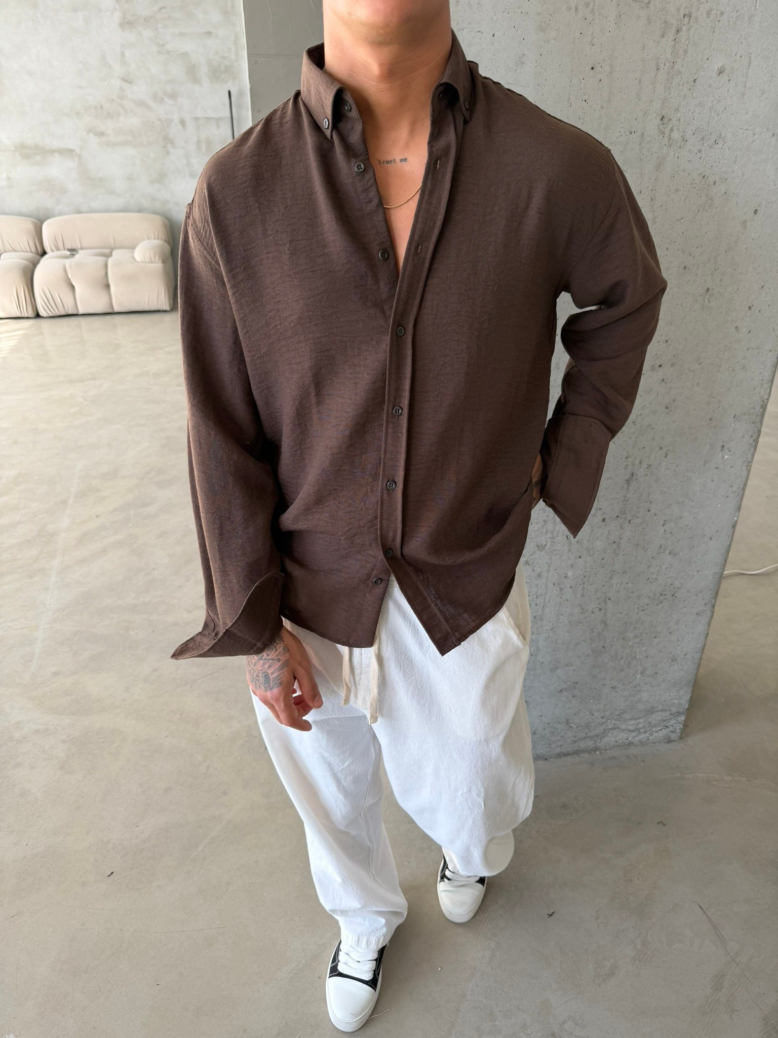 Pera Keten Basic Gömlek - Kahve