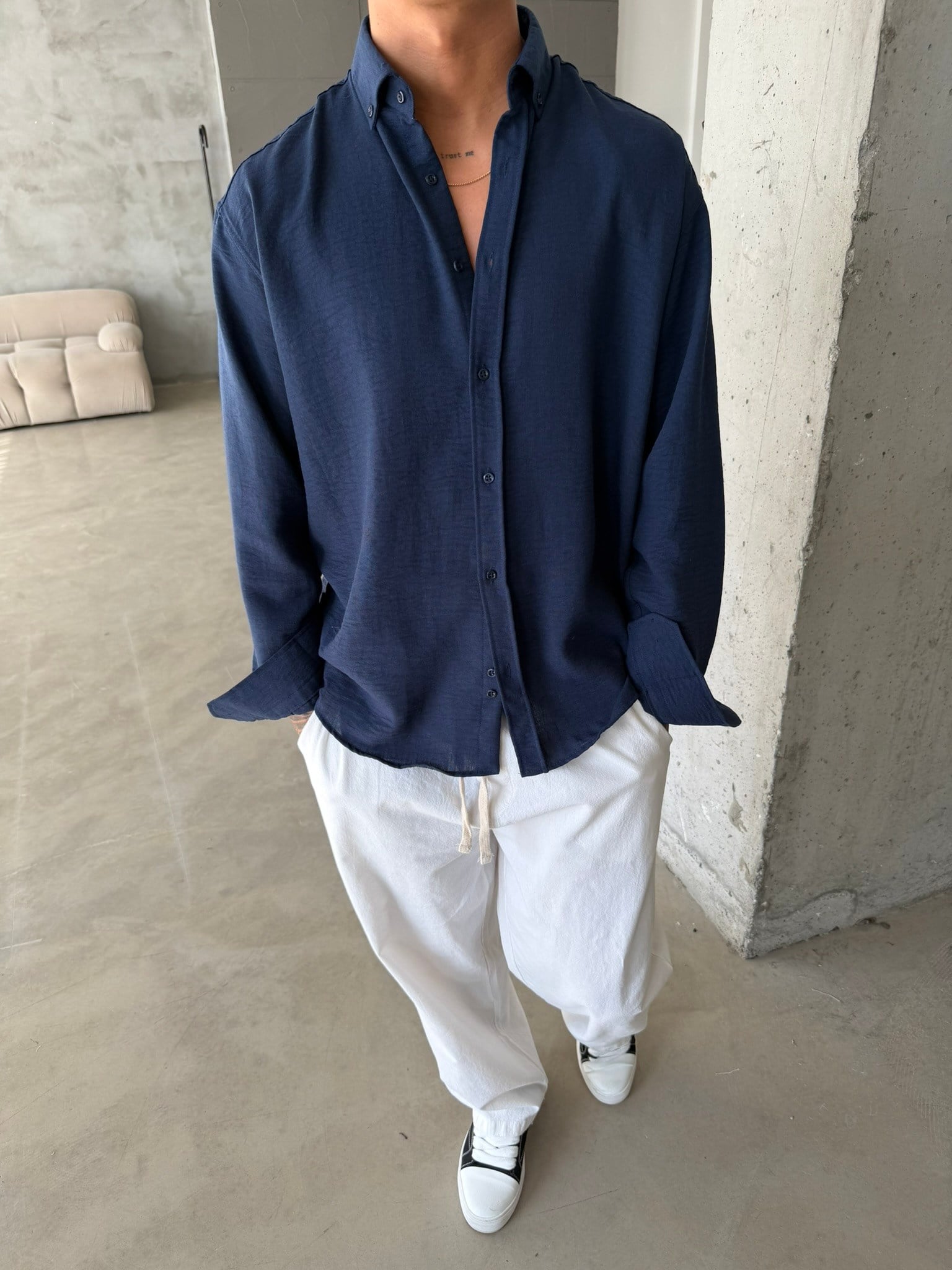 Pera Keten Basic Gömlek - Lacivert