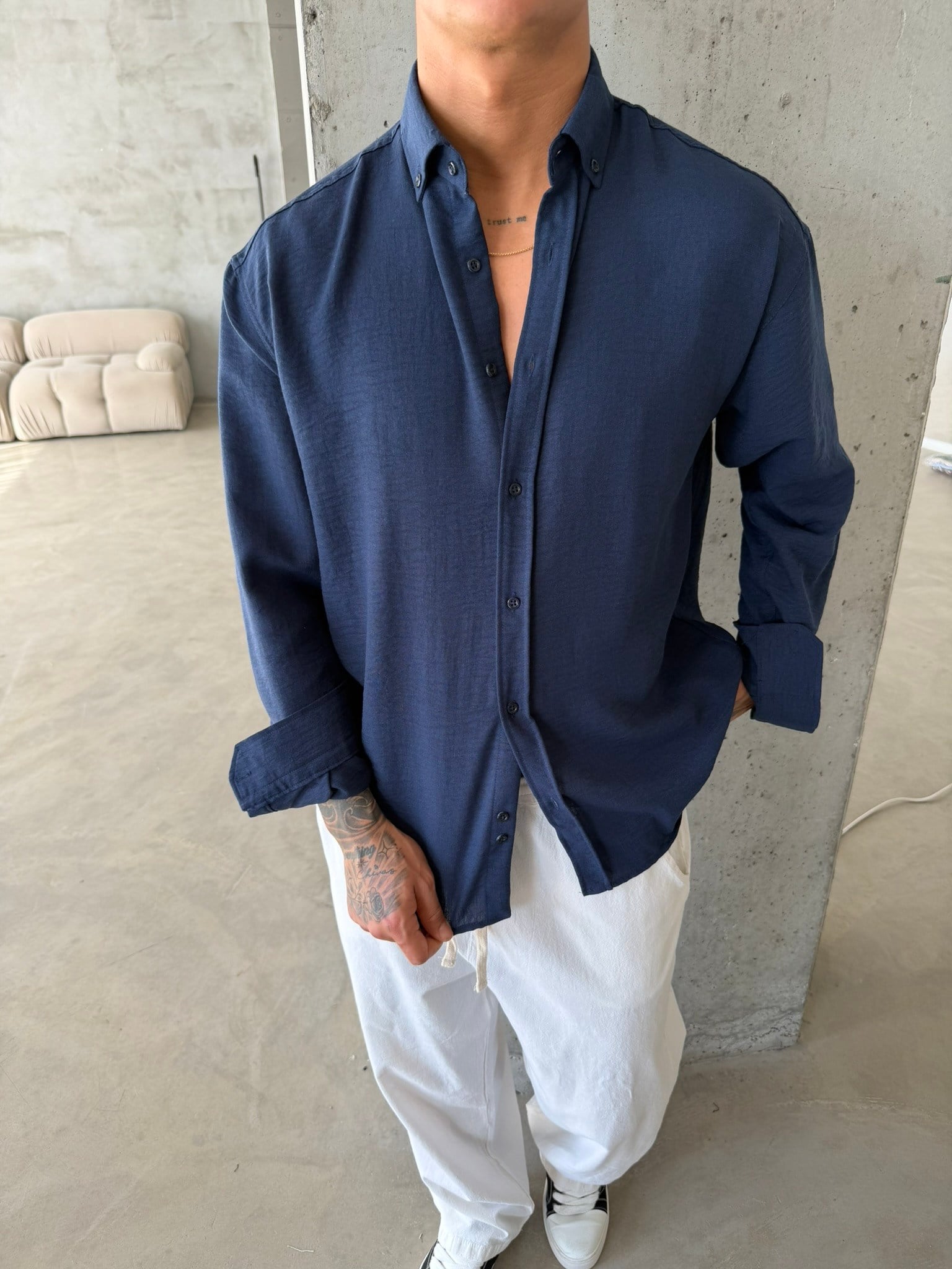 Pera Keten Basic Gömlek - Lacivert