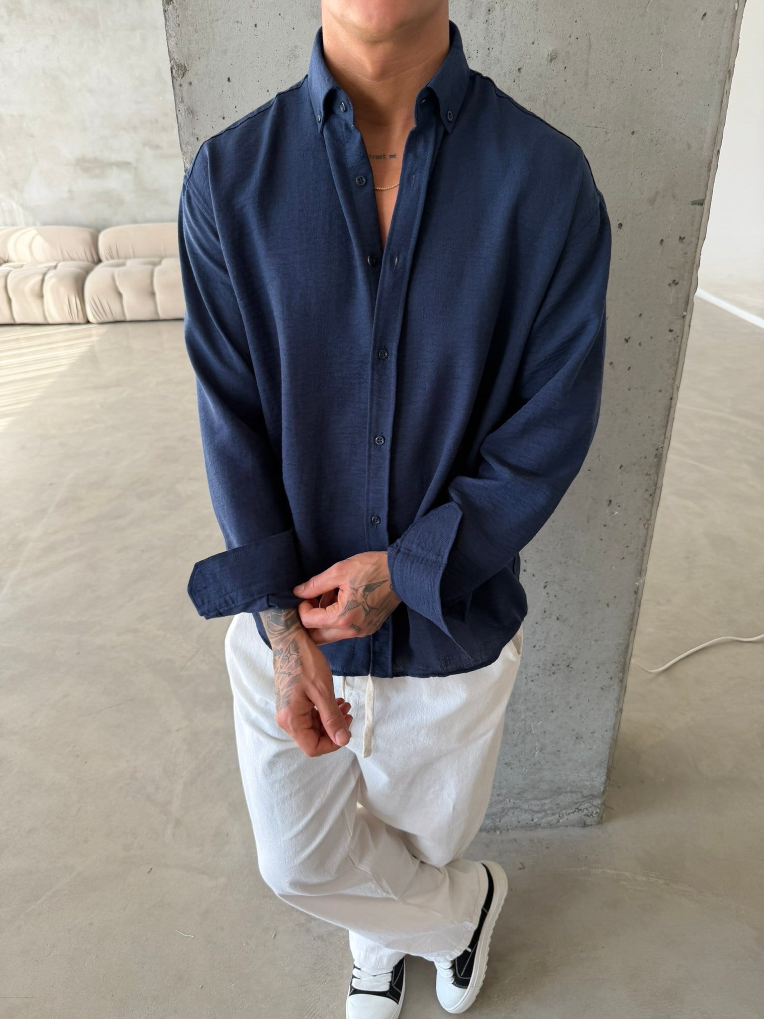 Pera Keten Basic Gömlek - Lacivert