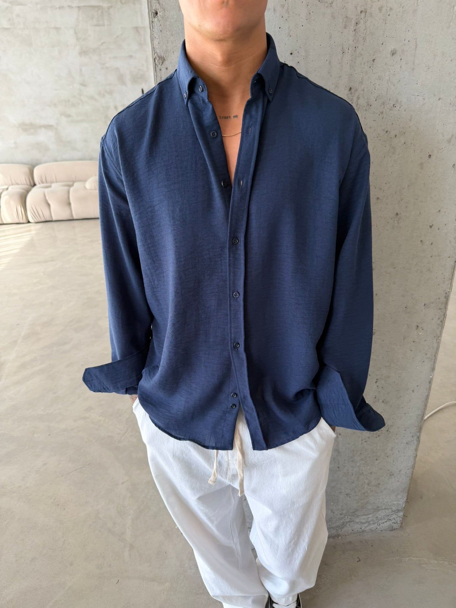 Pera Keten Basic Gömlek - Lacivert