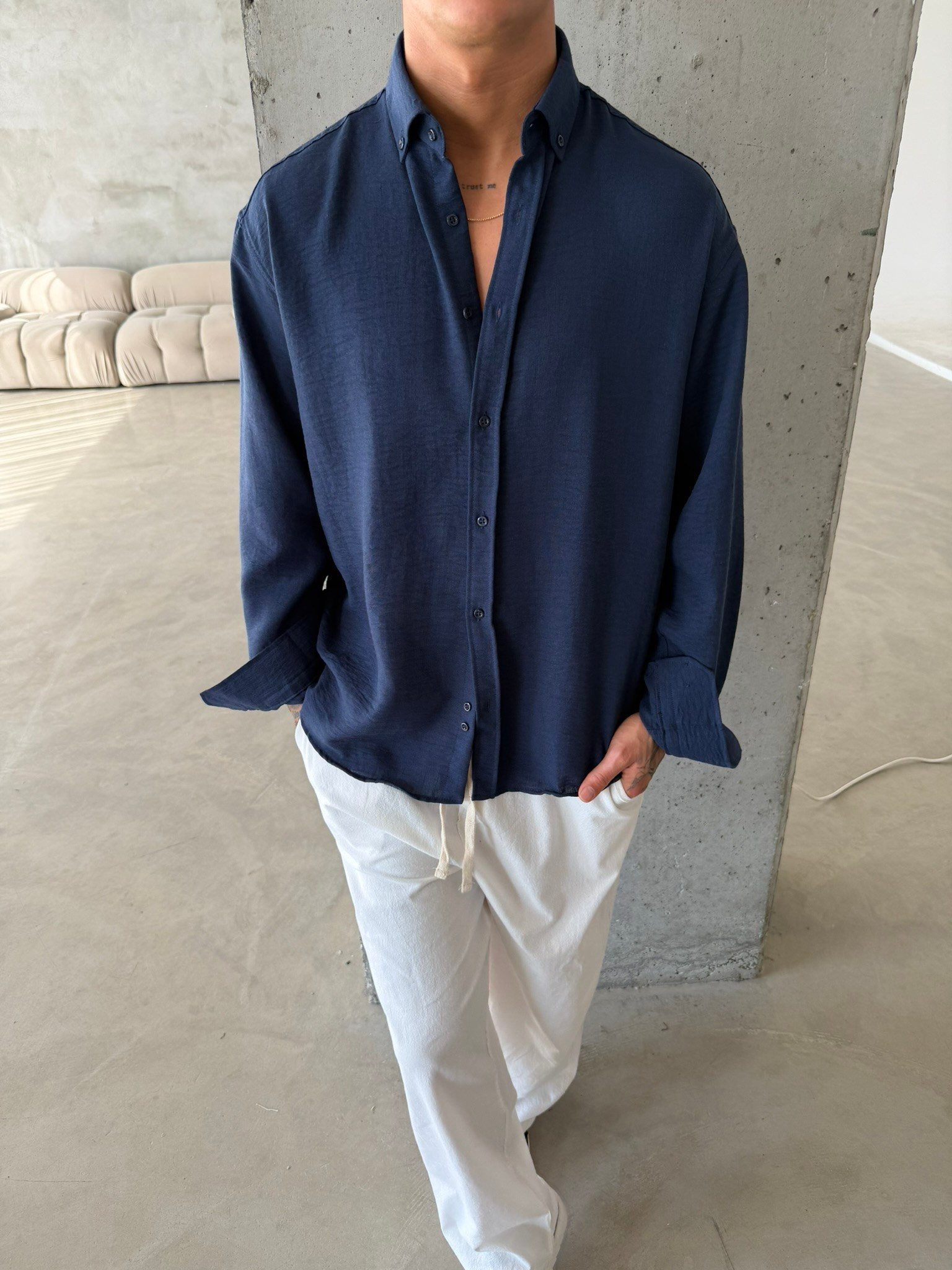 Pera Keten Basic Gömlek - Lacivert