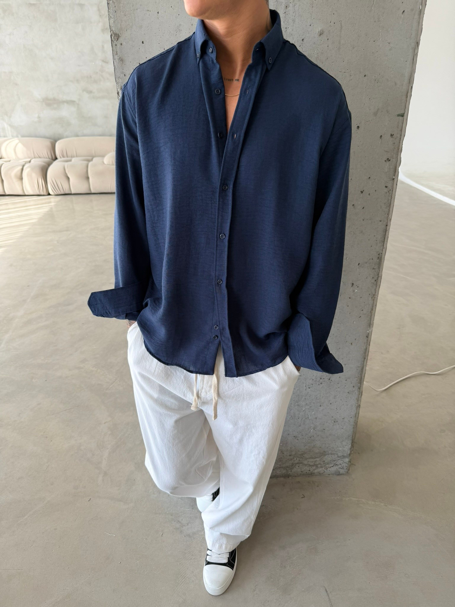 Pera Keten Basic Gömlek - Lacivert