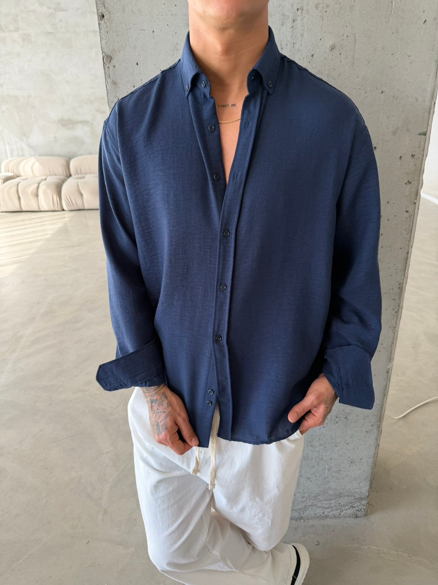 Pera Keten Basic Gömlek - Lacivert