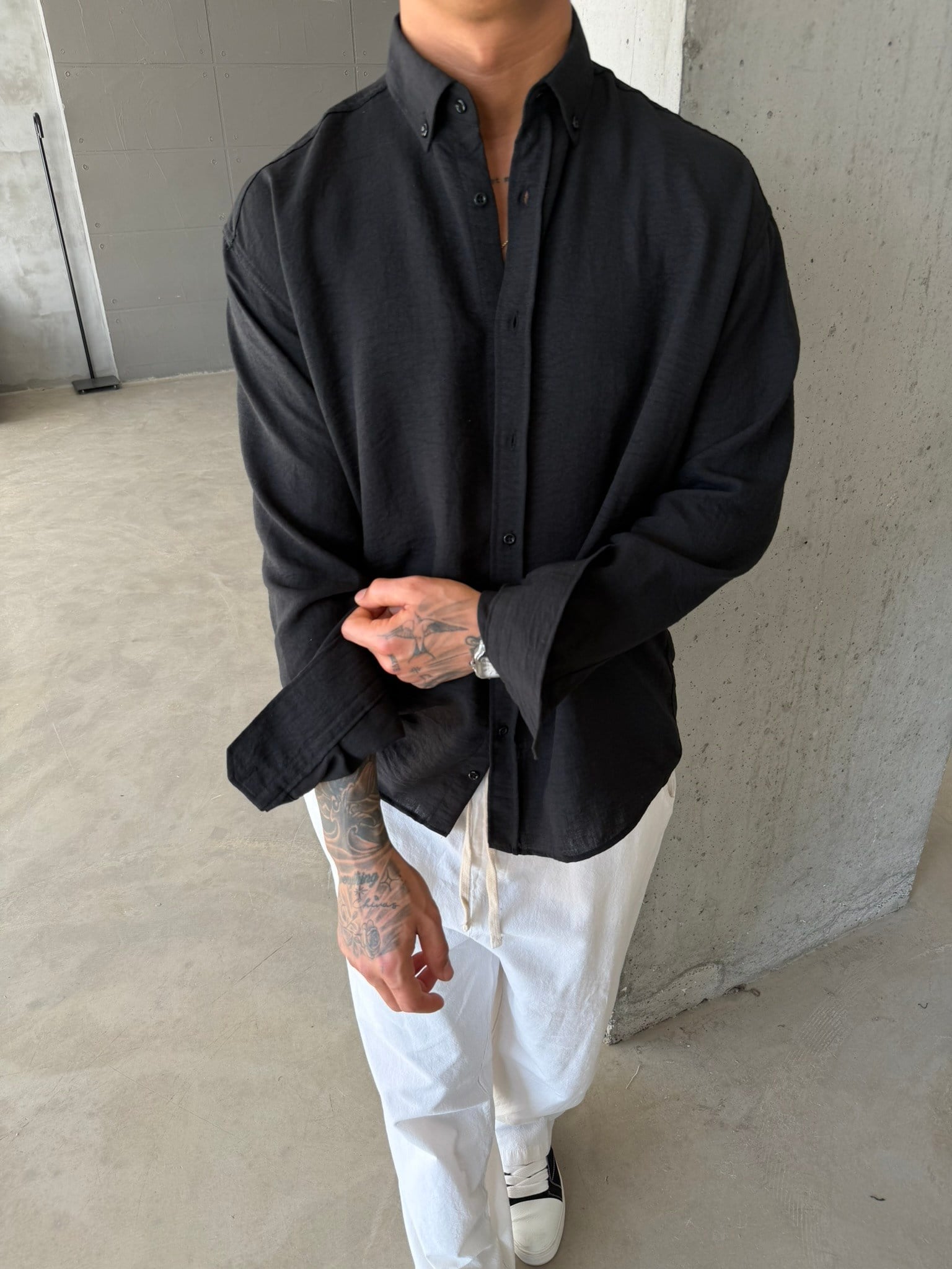 Pera Keten Basic Gömlek - Siyah