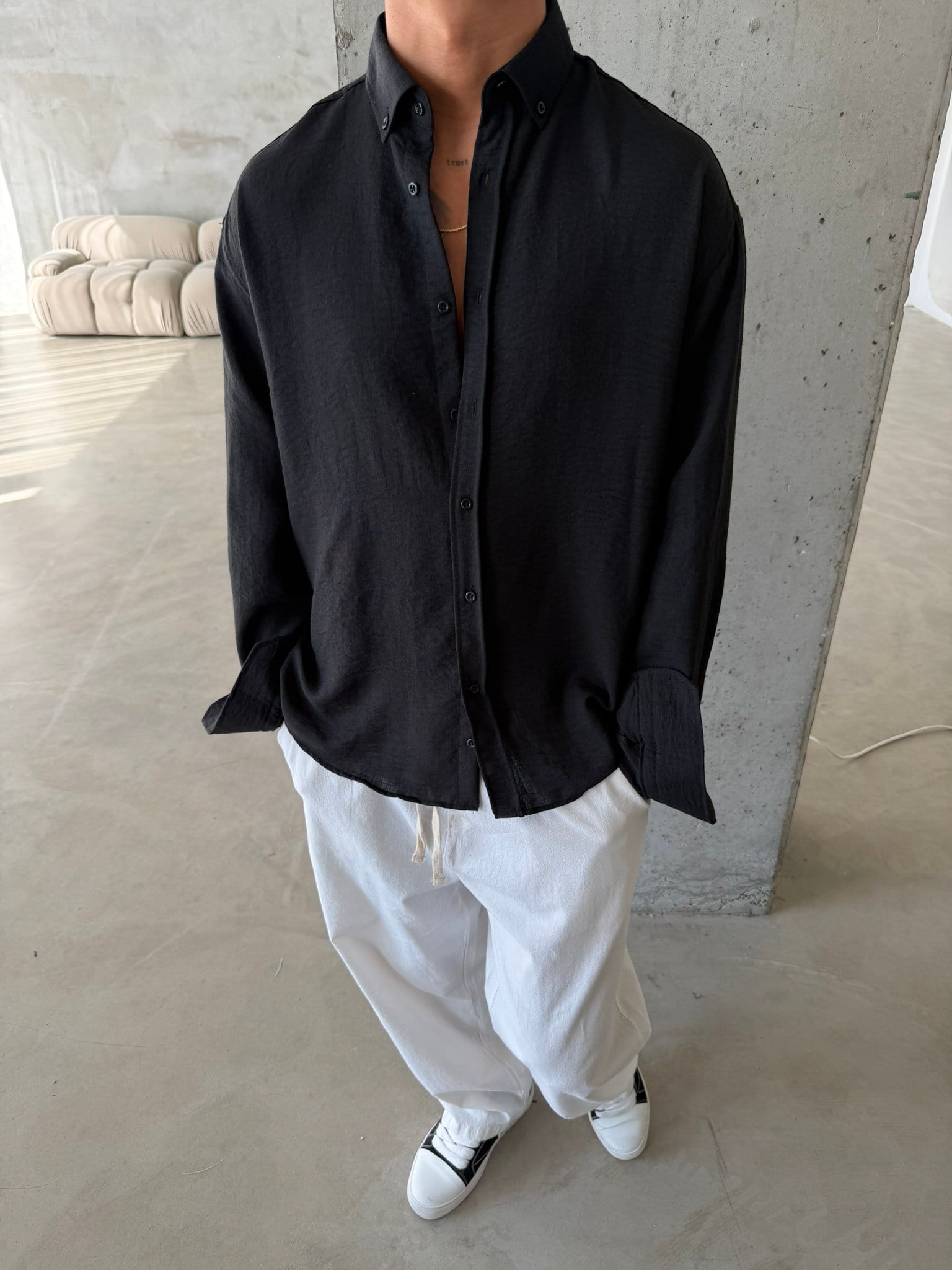 Pera Keten Basic Gömlek - Siyah