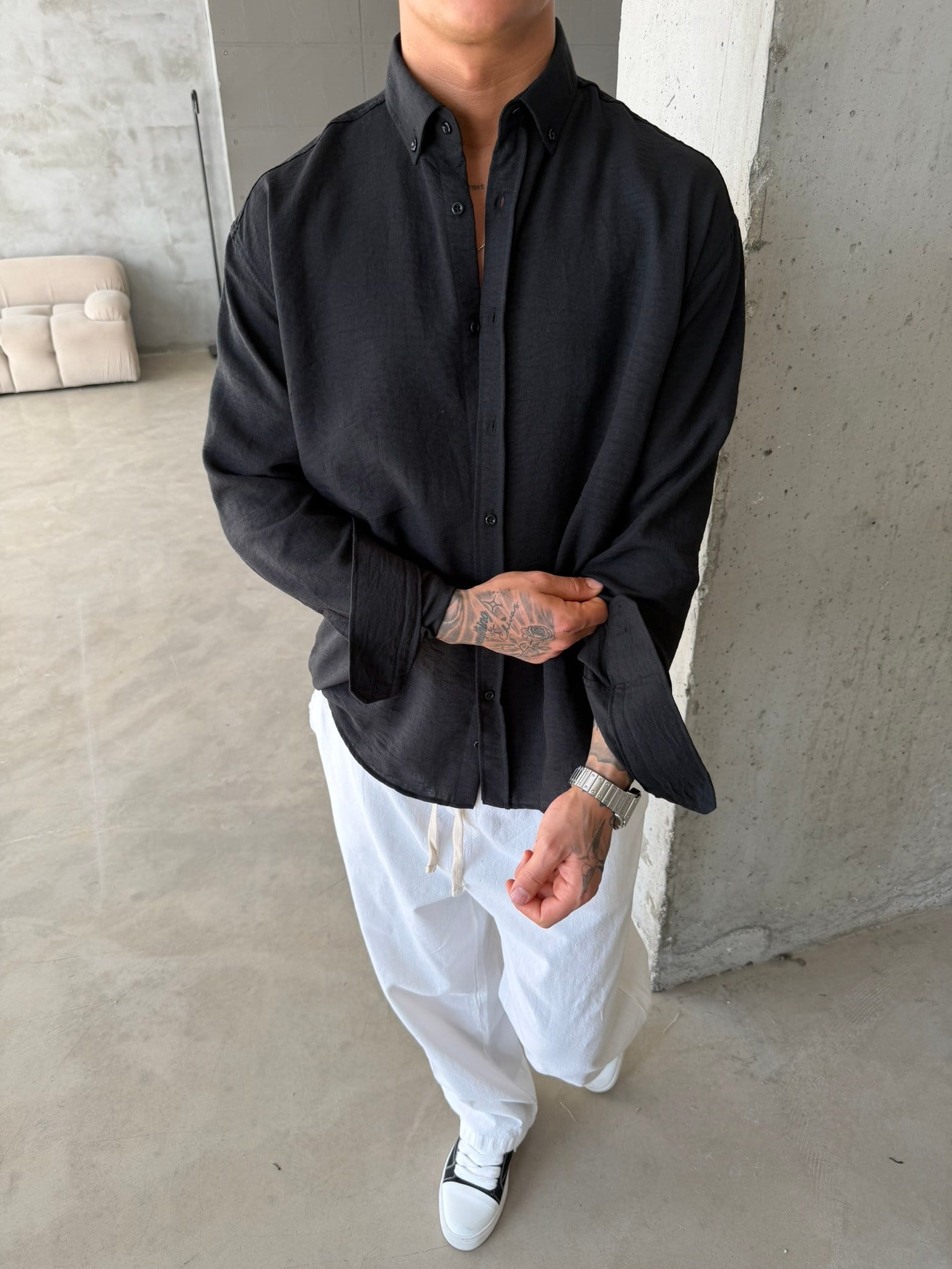 Pera Keten Basic Gömlek - Siyah