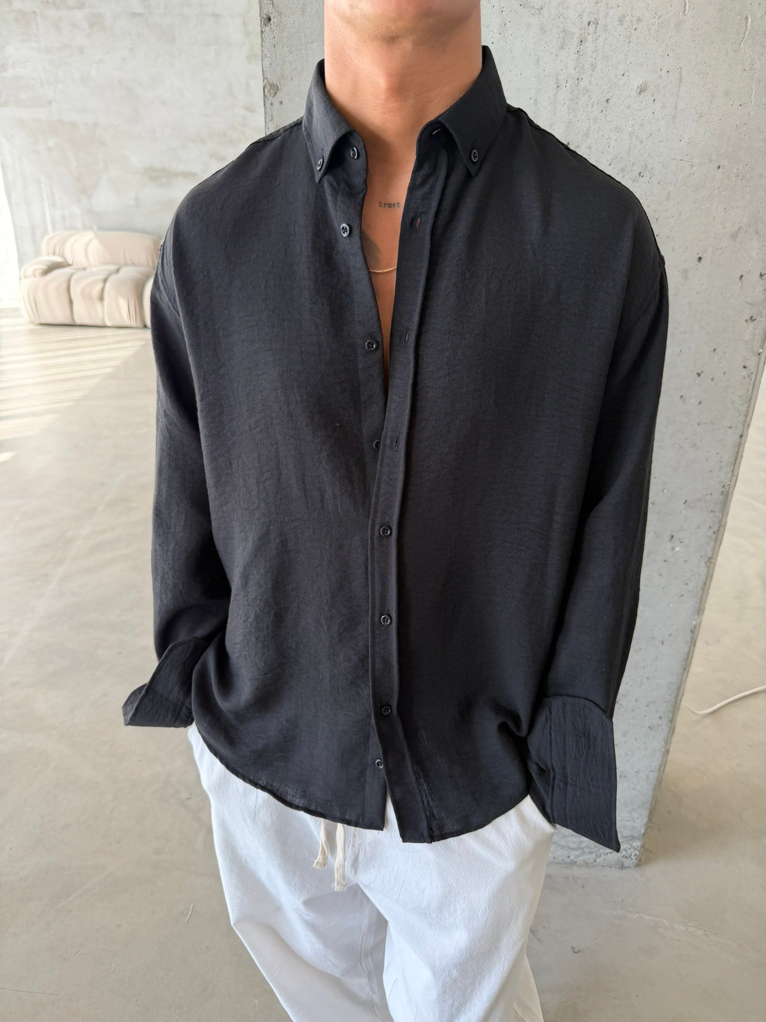 Pera Keten Basic Gömlek - Siyah