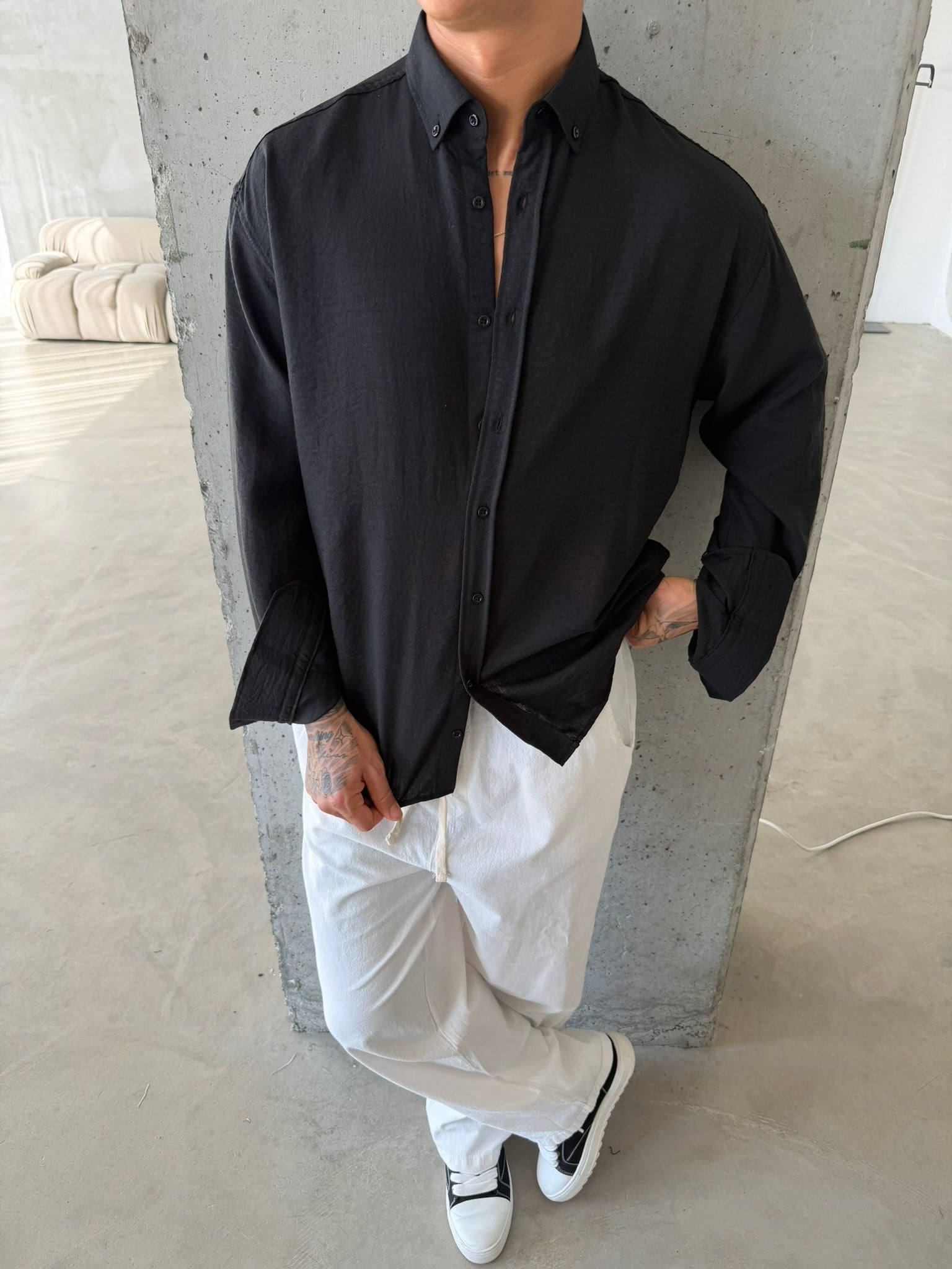 Pera Keten Basic Gömlek - Siyah