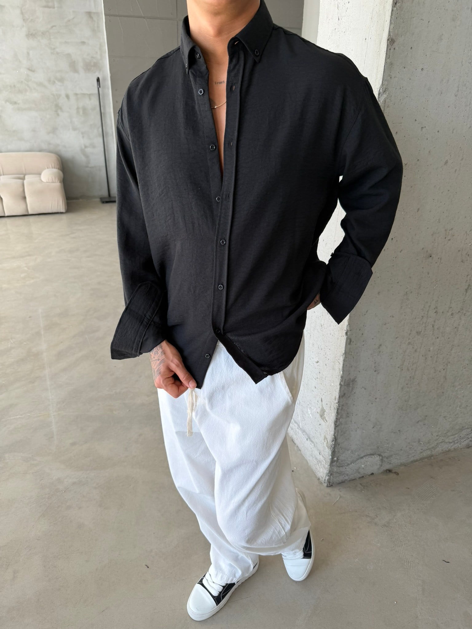 Pera Keten Basic Gömlek - Siyah