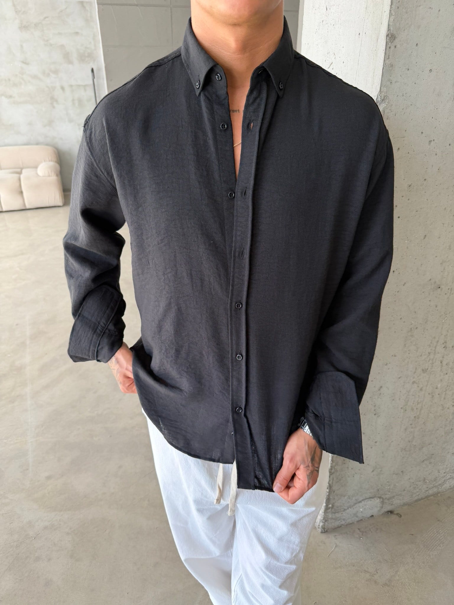 Pera Keten Basic Gömlek - Siyah