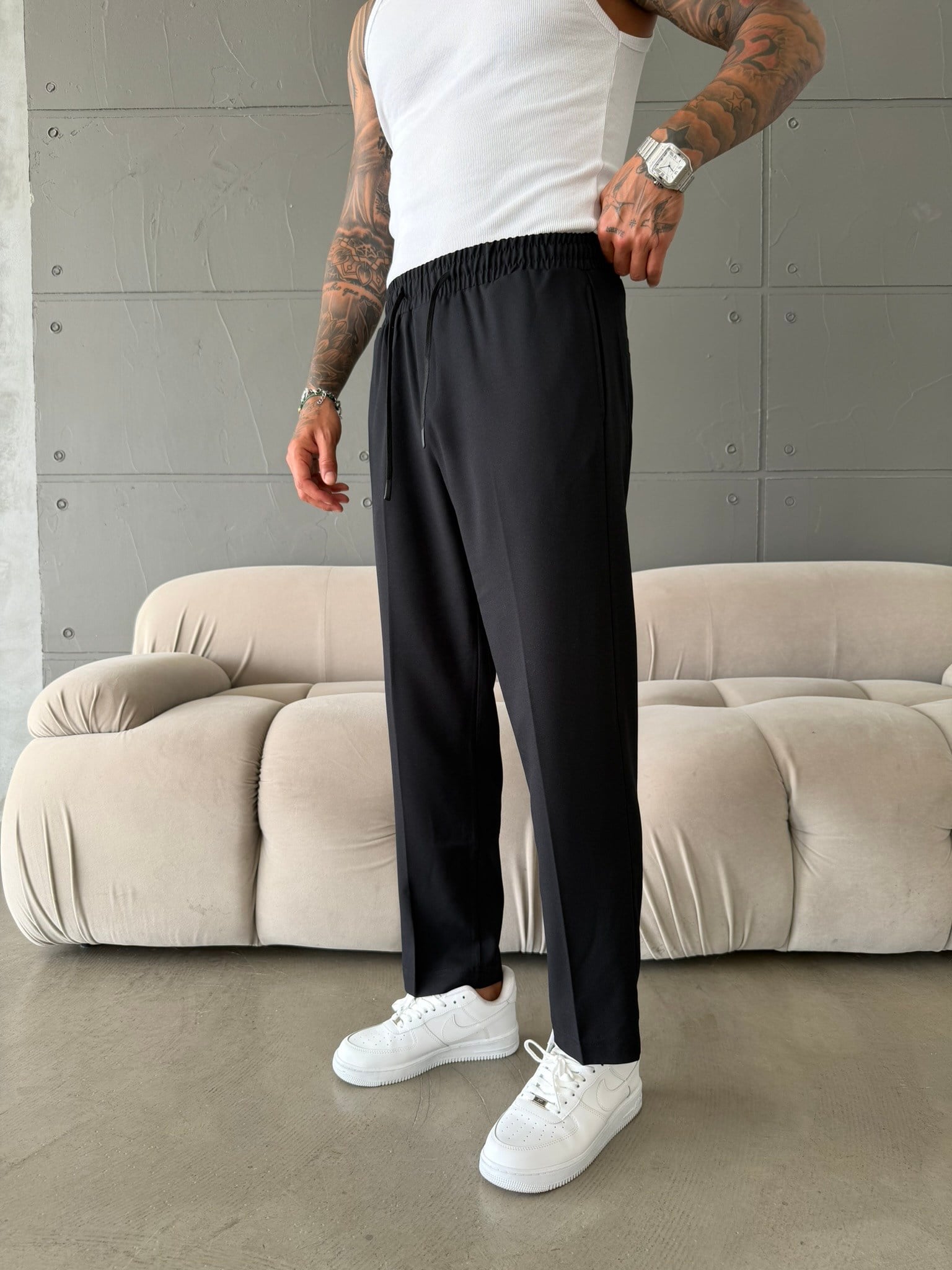 Pileli Comfort Fit Pantolon - Siyah