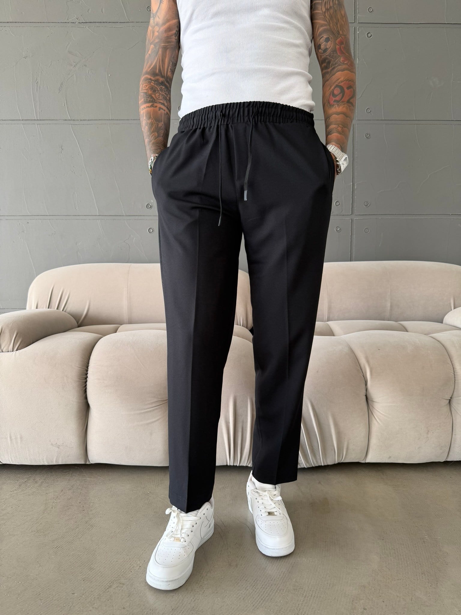 Pileli Comfort Fit Pantolon - Siyah