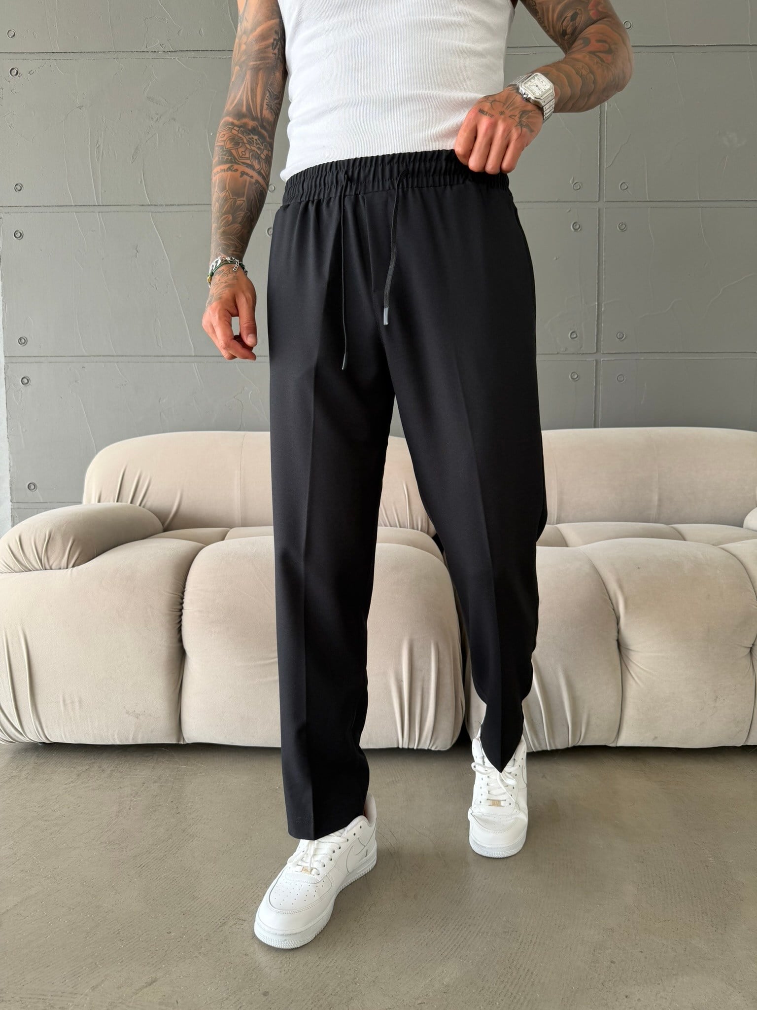 Pileli Comfort Fit Pantolon - Siyah