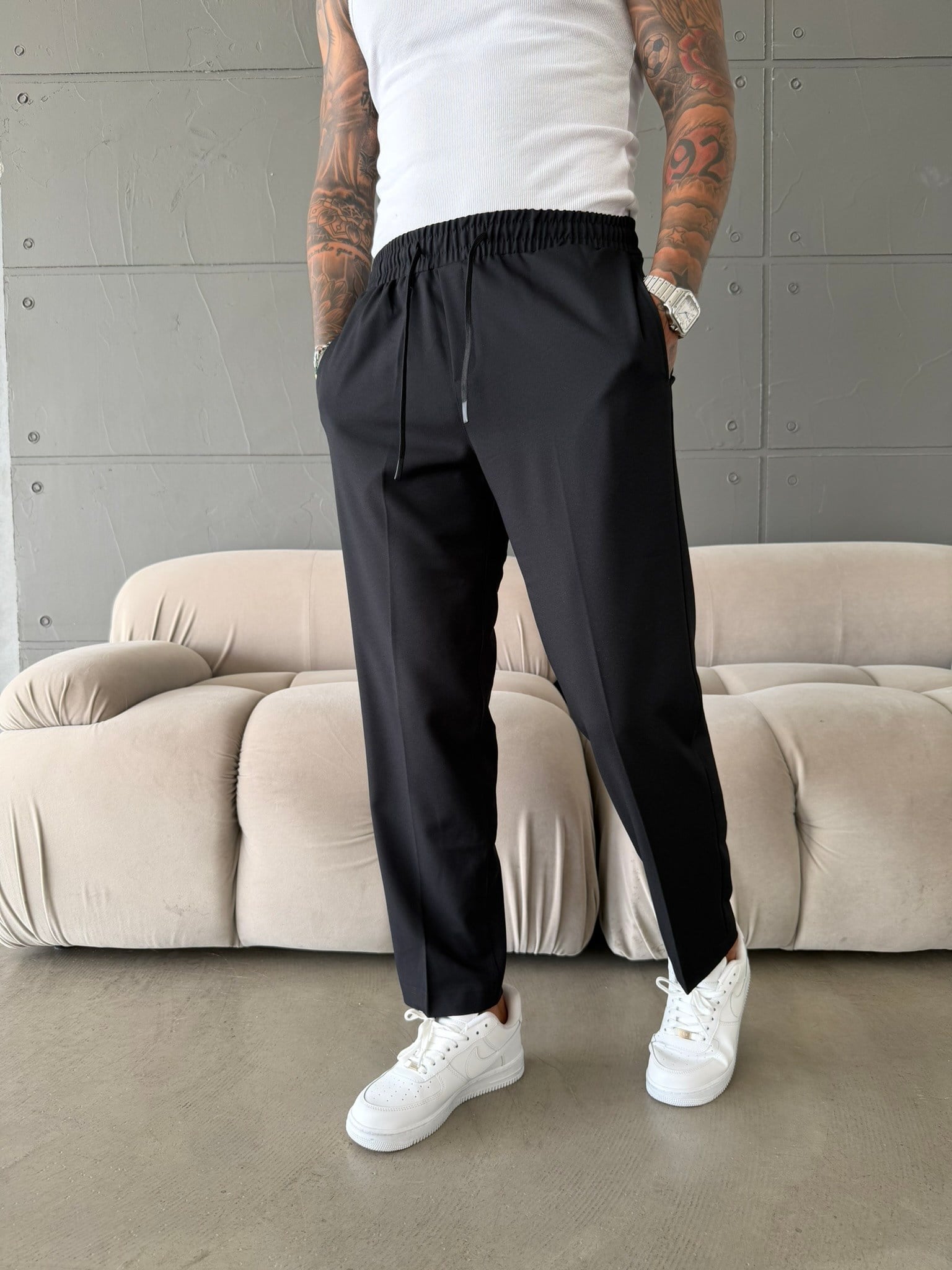 Pileli Comfort Fit Pantolon - Siyah