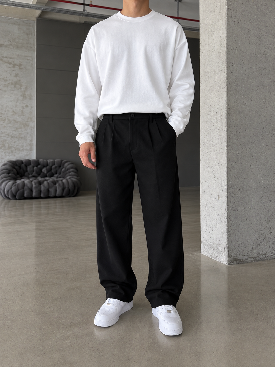 Pileli Relaxed Fit Baggy Kumaş Pantolon