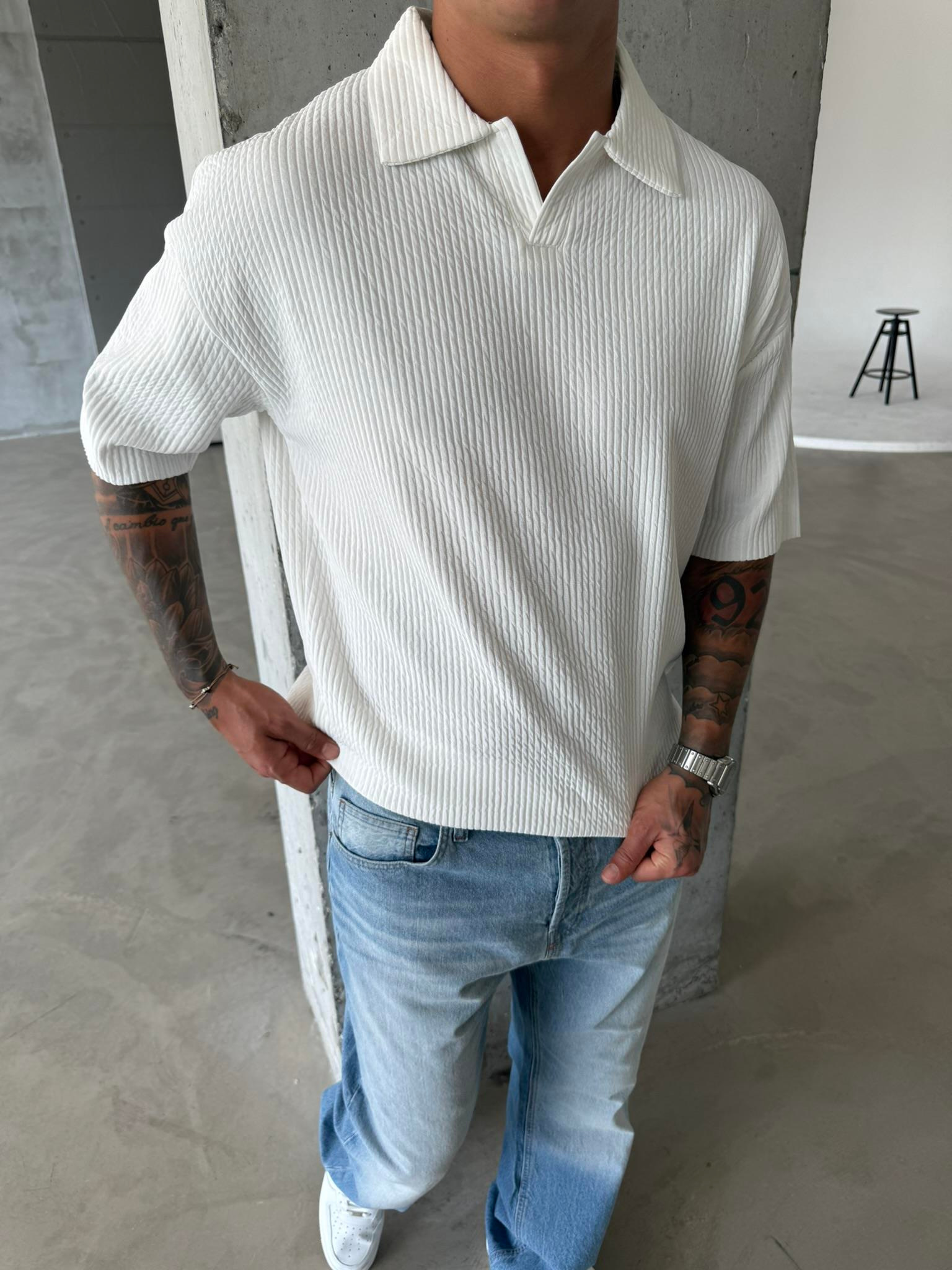 Polo Yaka Basic Fitilli T-Shirt - Beyaz