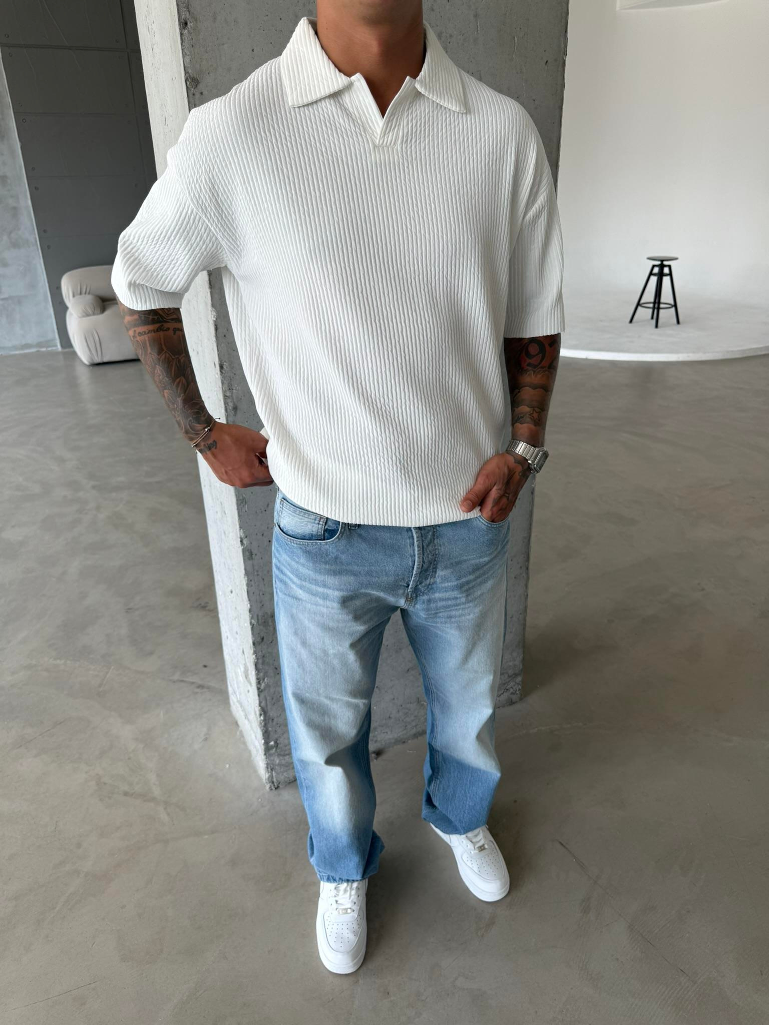 Polo Yaka Basic Fitilli T-Shirt - Beyaz