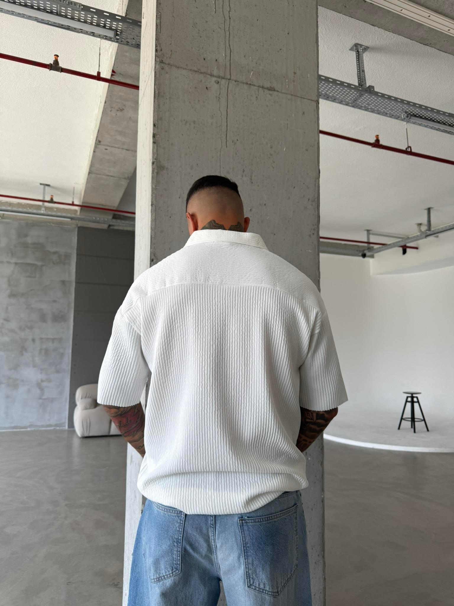 Polo Yaka Basic Fitilli T-Shirt - Beyaz