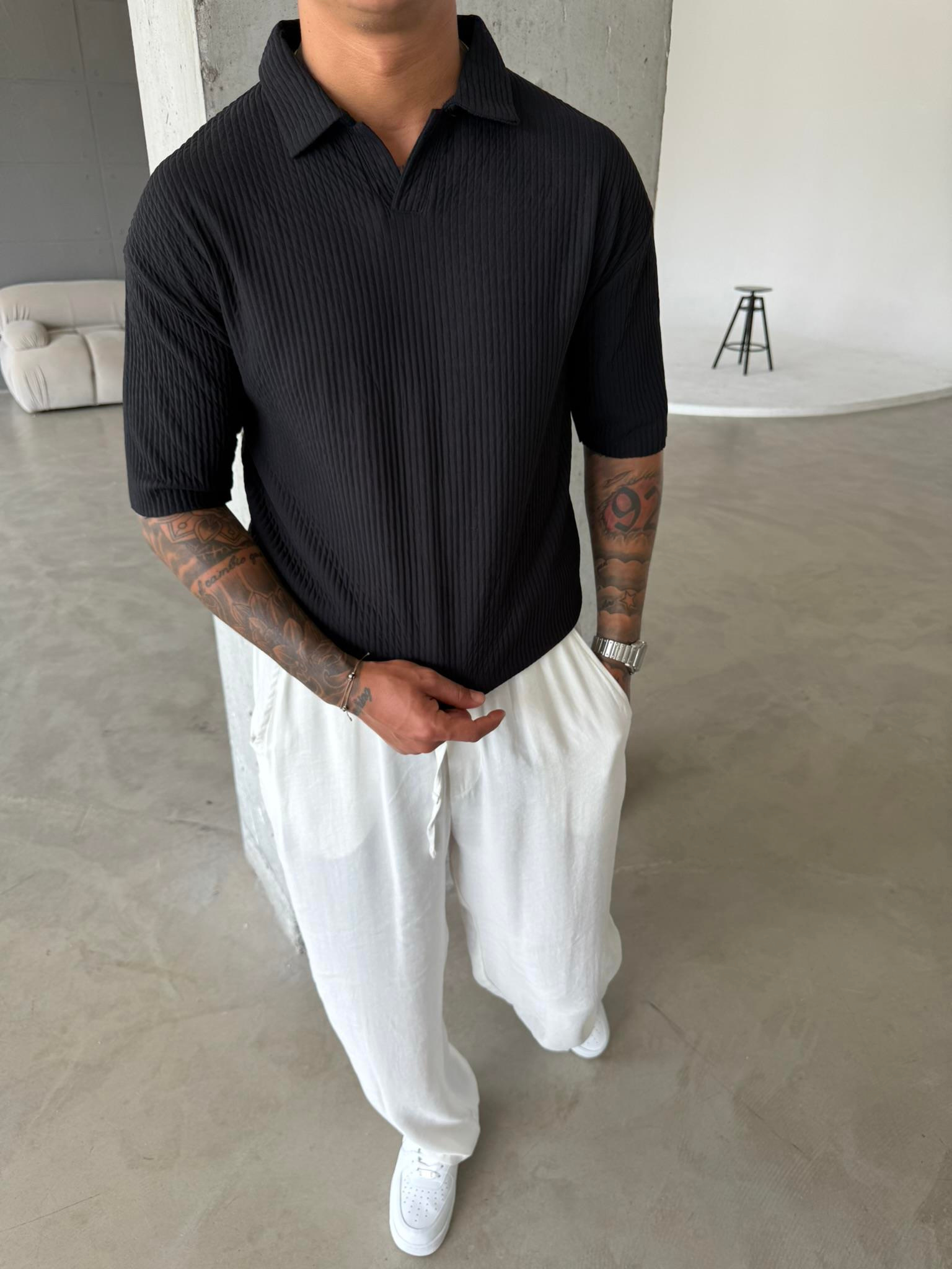 Polo Yaka Basic Fitilli T-Shirt -Siyah