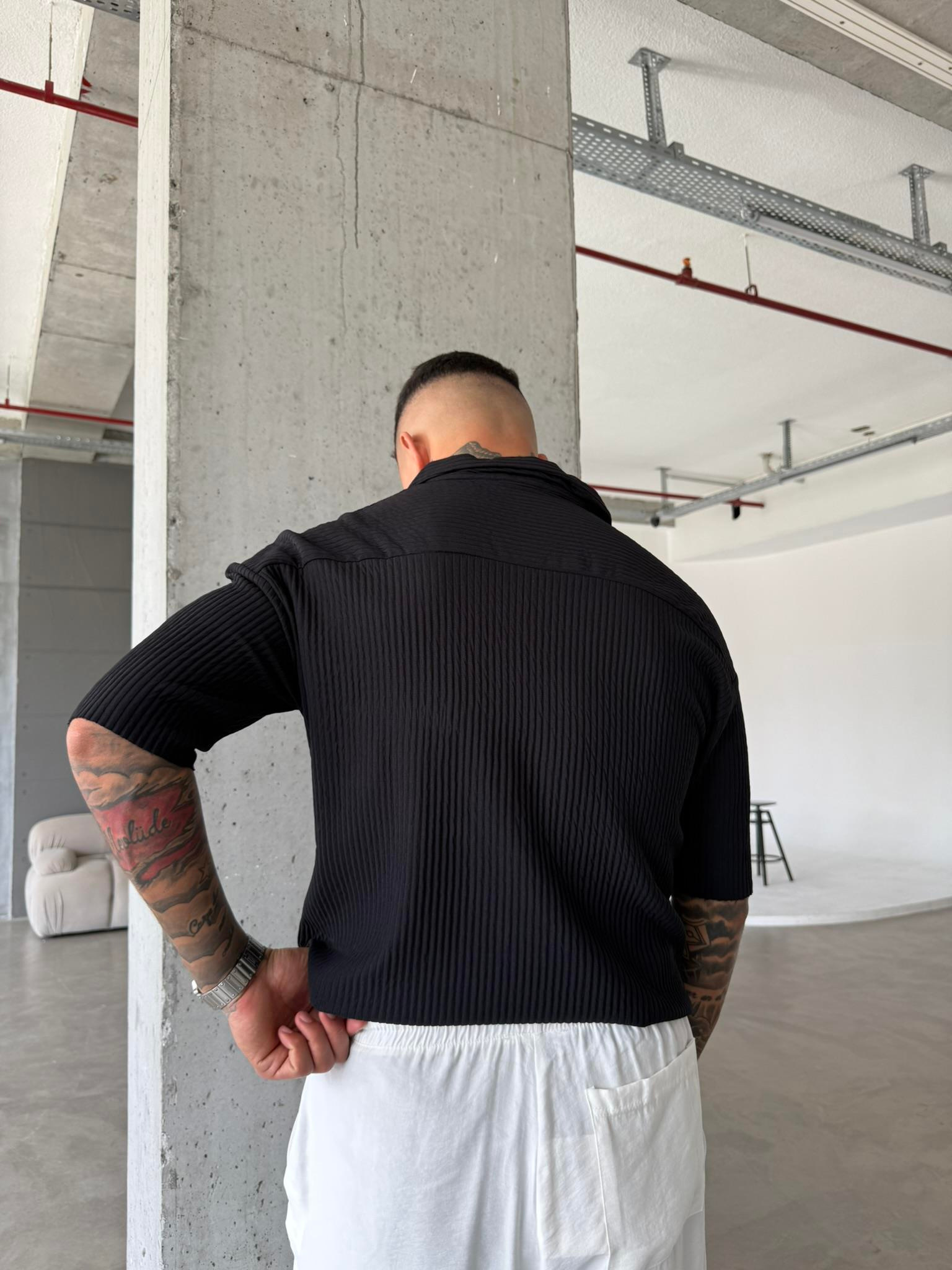 Polo Yaka Basic Fitilli T-Shirt -Siyah