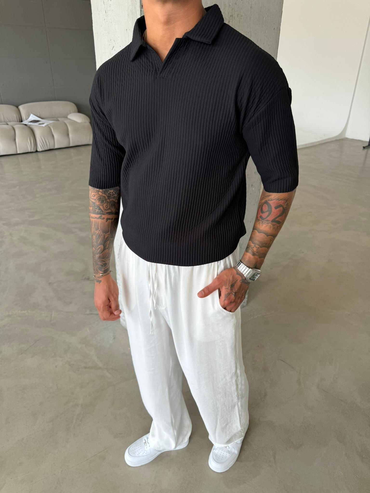 Polo Yaka Basic Fitilli T-Shirt -Siyah