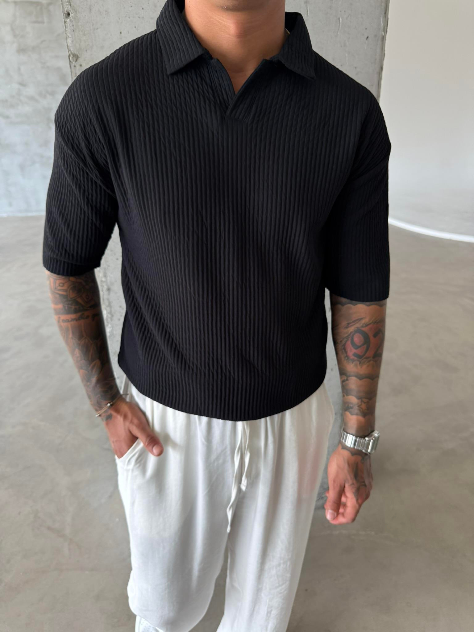 Polo Yaka Basic Fitilli T-Shirt -Siyah