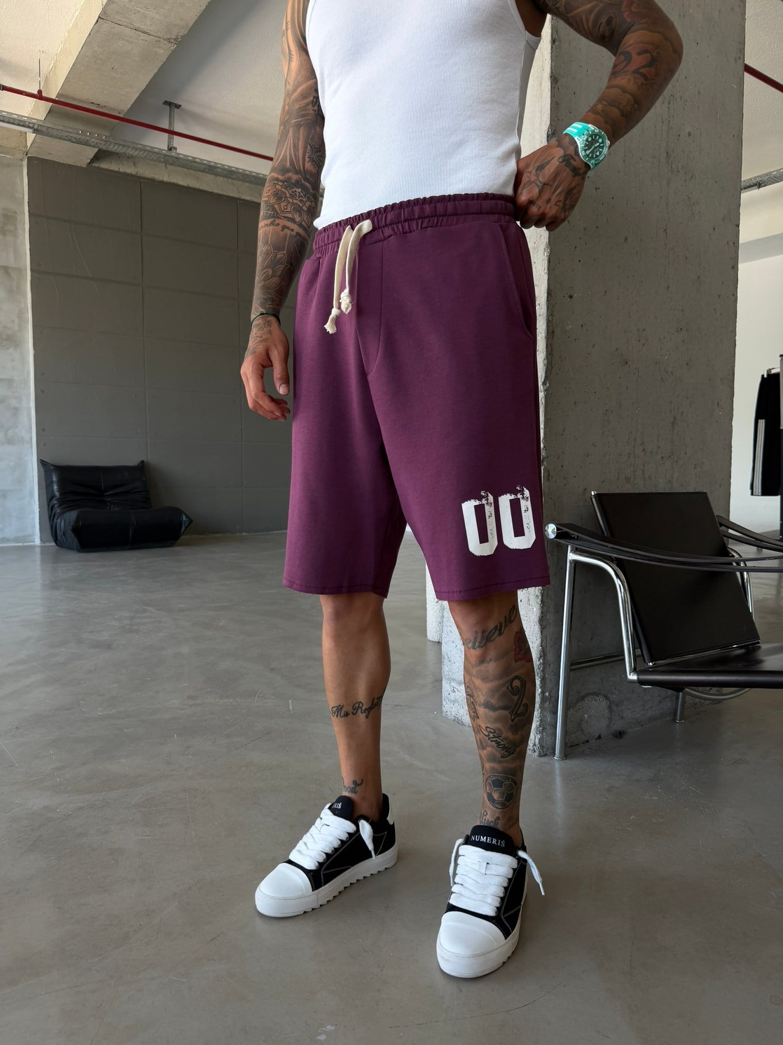 Premium 00 Baskılı Basic Şort - Bordo