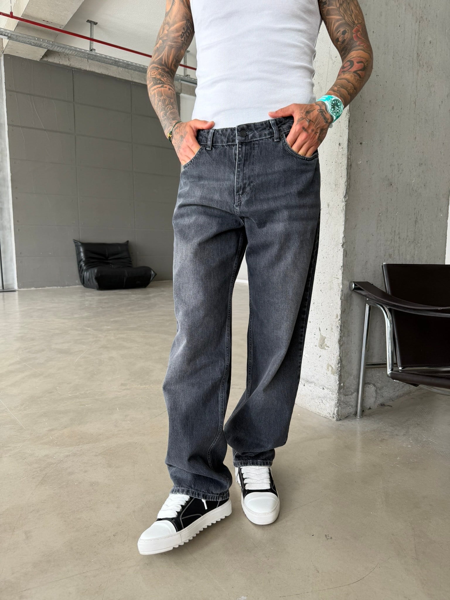 Premium Acid Basic Baggy Pantolon - Antrasit